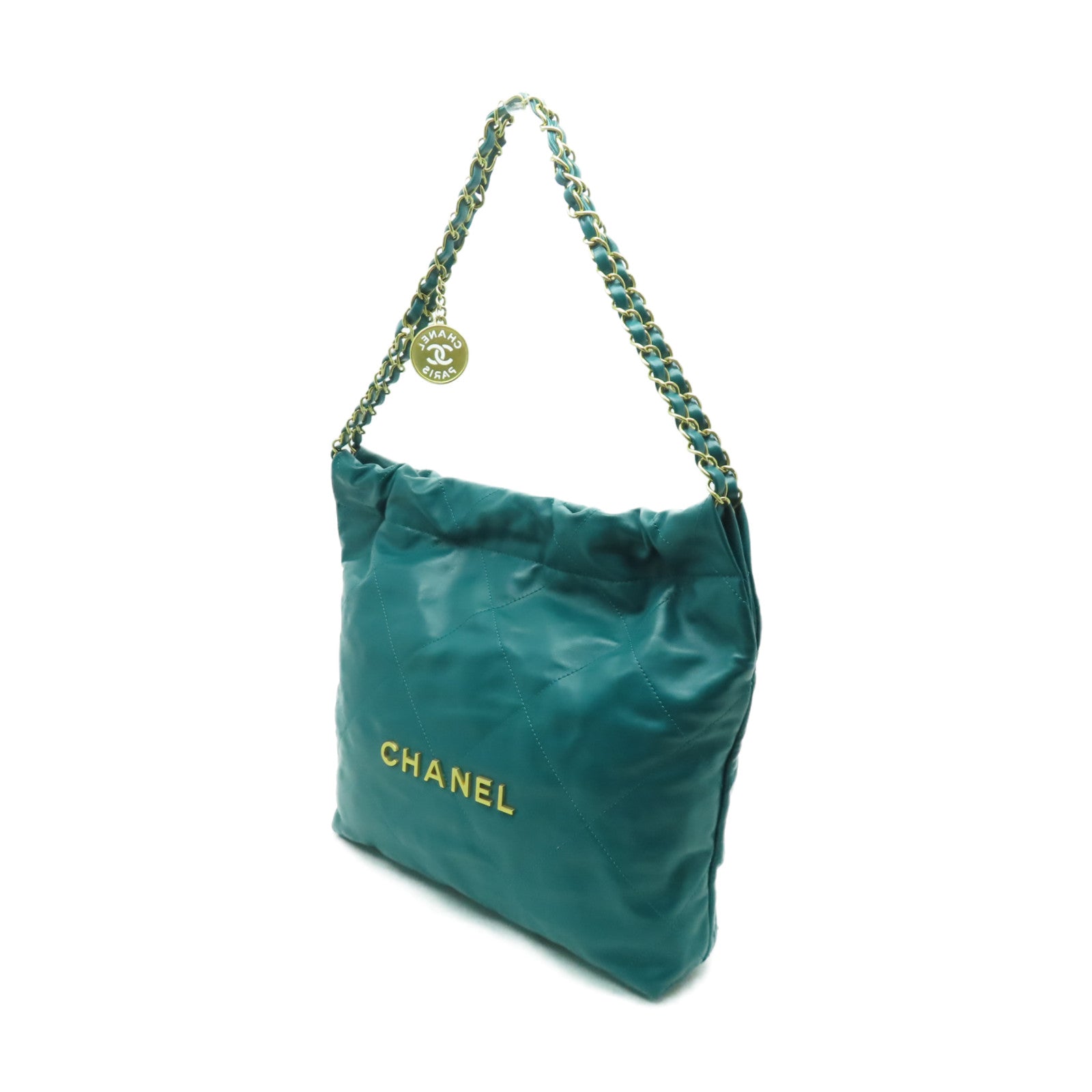 CHANEL 菱格牛皮皮革Chanel 22金扣鏈帶肩背袋綠色