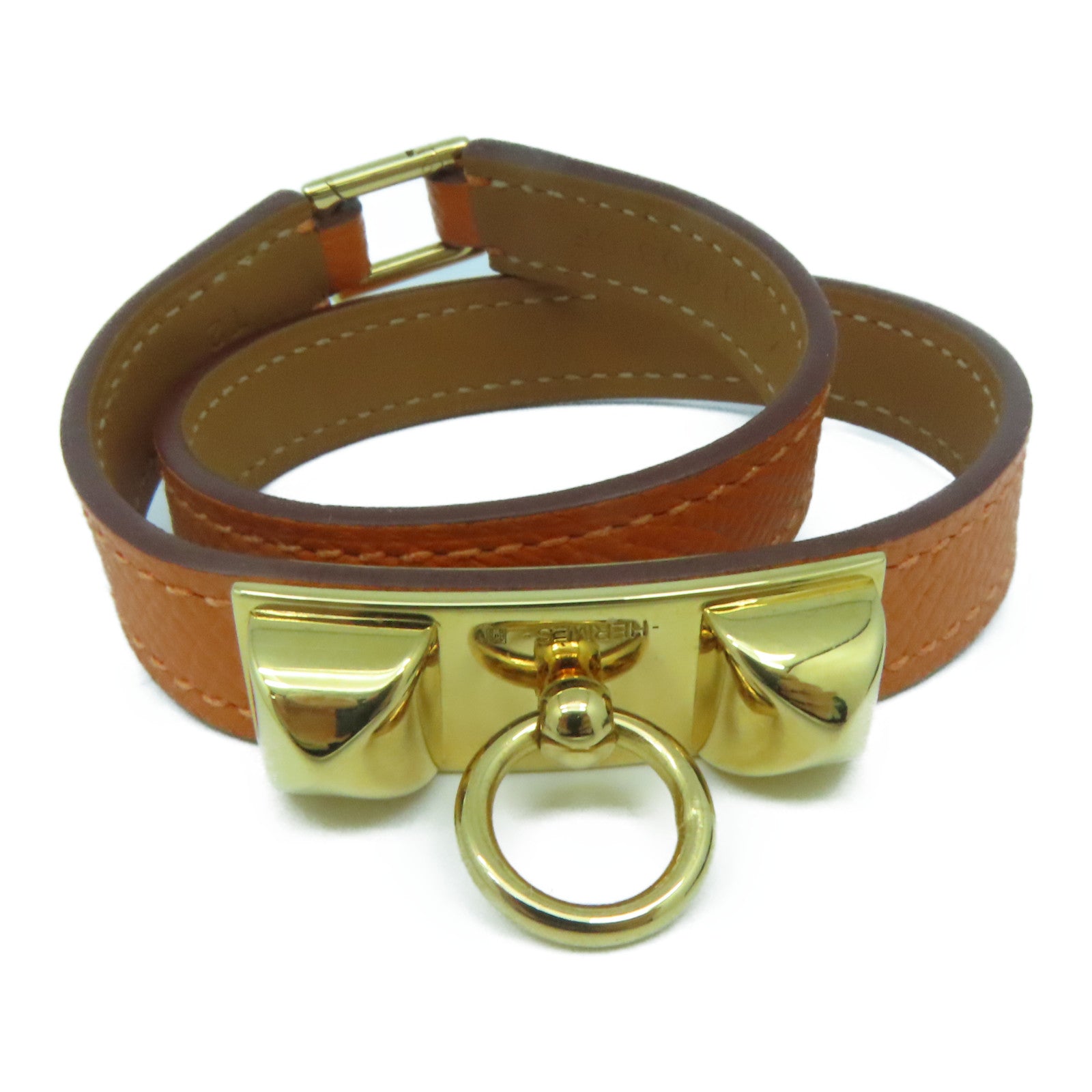 HERMES Epsom皮革Rivale Double Tour Bracelet金扣手链橙色#14.8cm