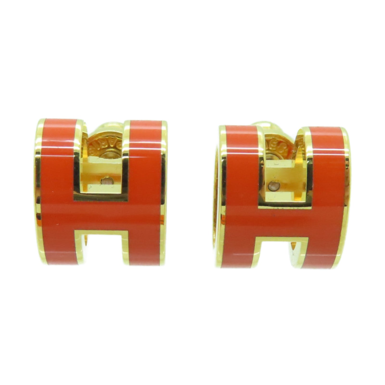 HERMES Metal Earrings PoP Gold Buckle Earrings Orange