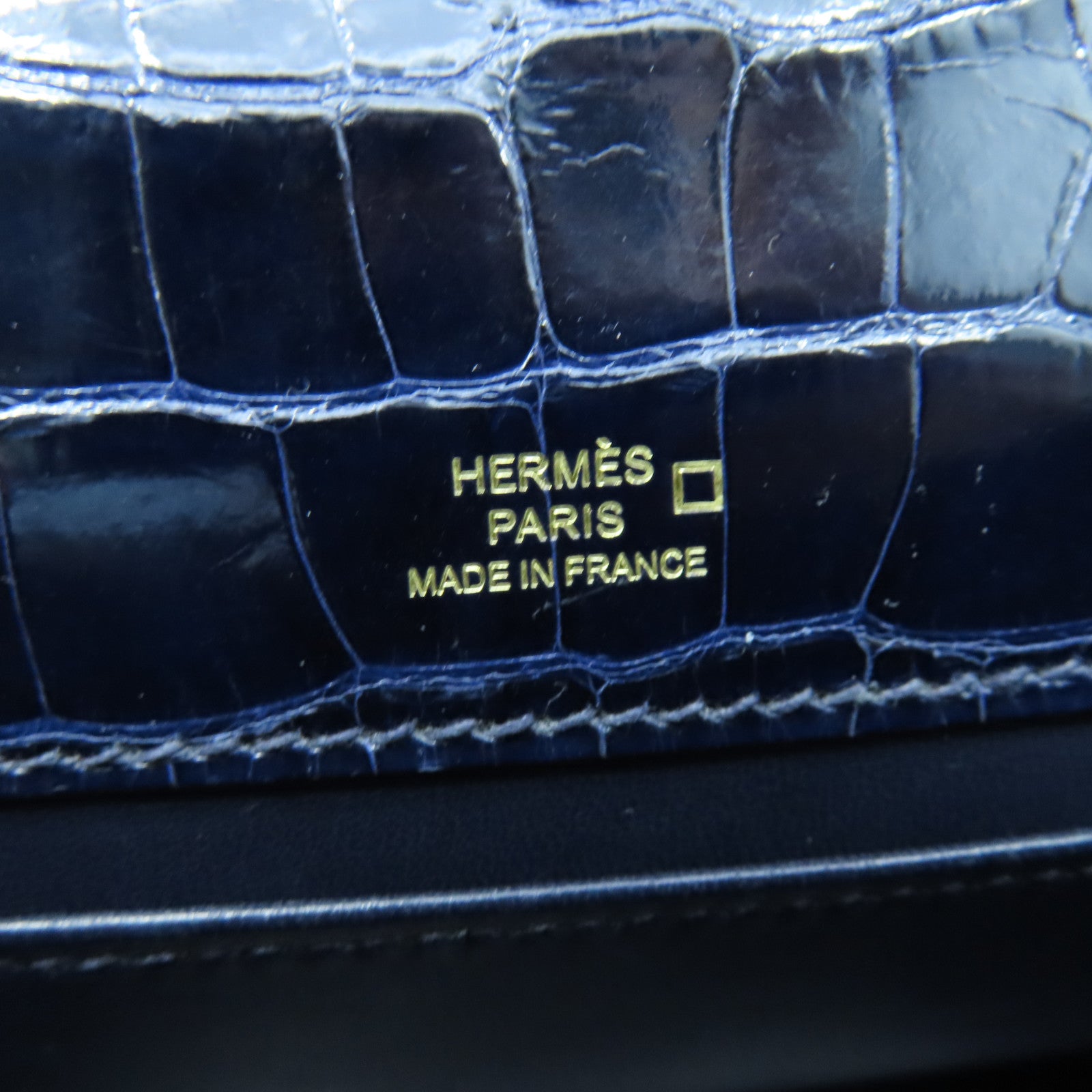 HERMES Crocodile Leather Kelly Pochette Gold Buckle Handle Bag Black
