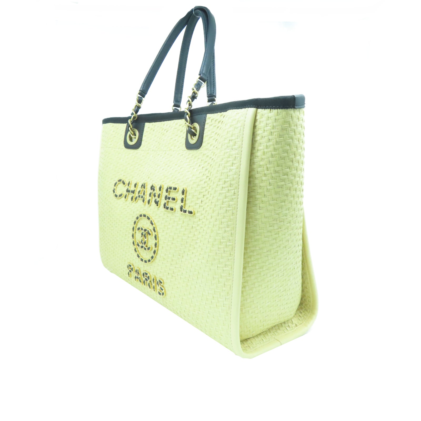 CHANEL 藤料Deauville Tote金扣手挽袋黑色/淺褐色