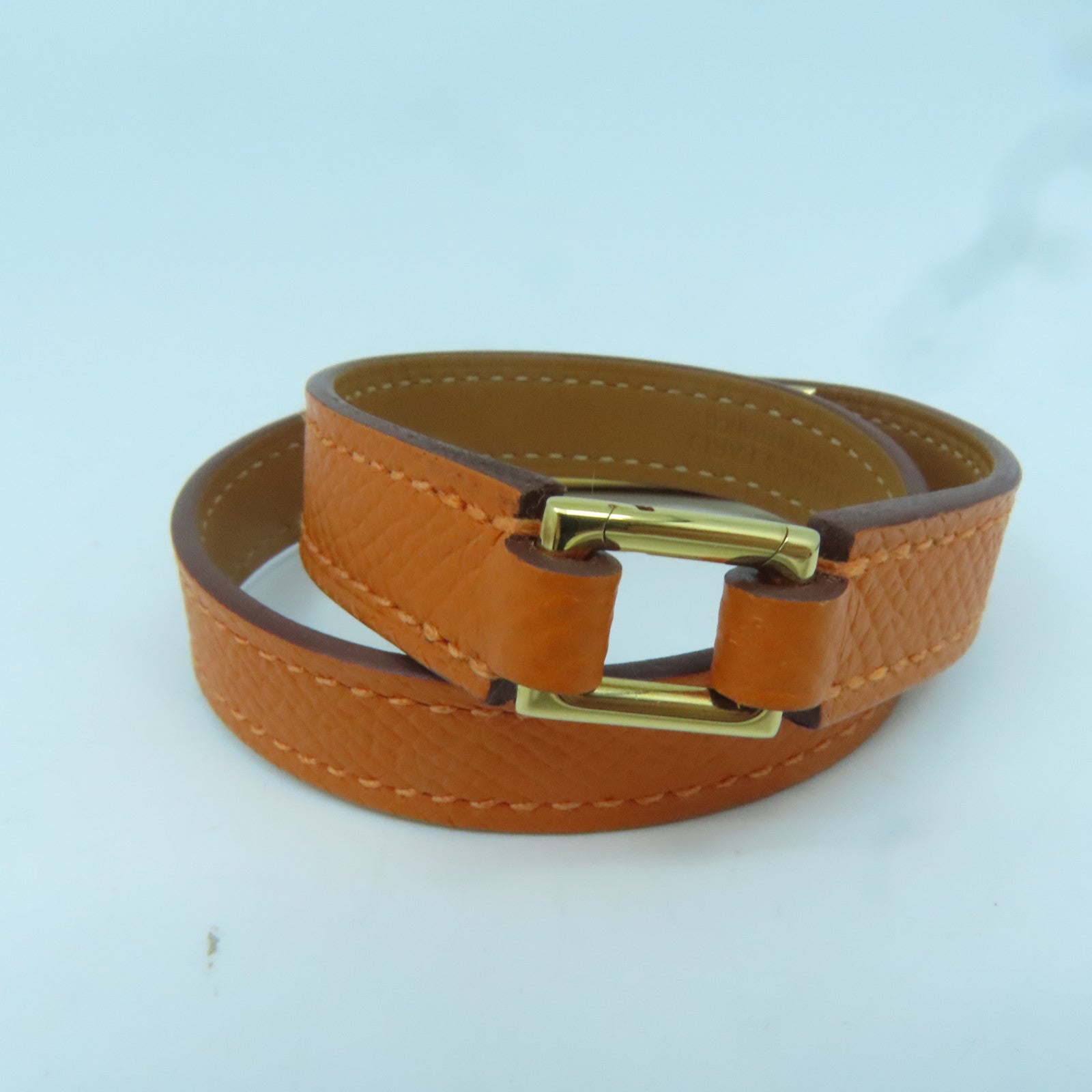 HERMES Epsom皮革Rivale Double Tour Bracelet金扣手链橙色#14.8cm