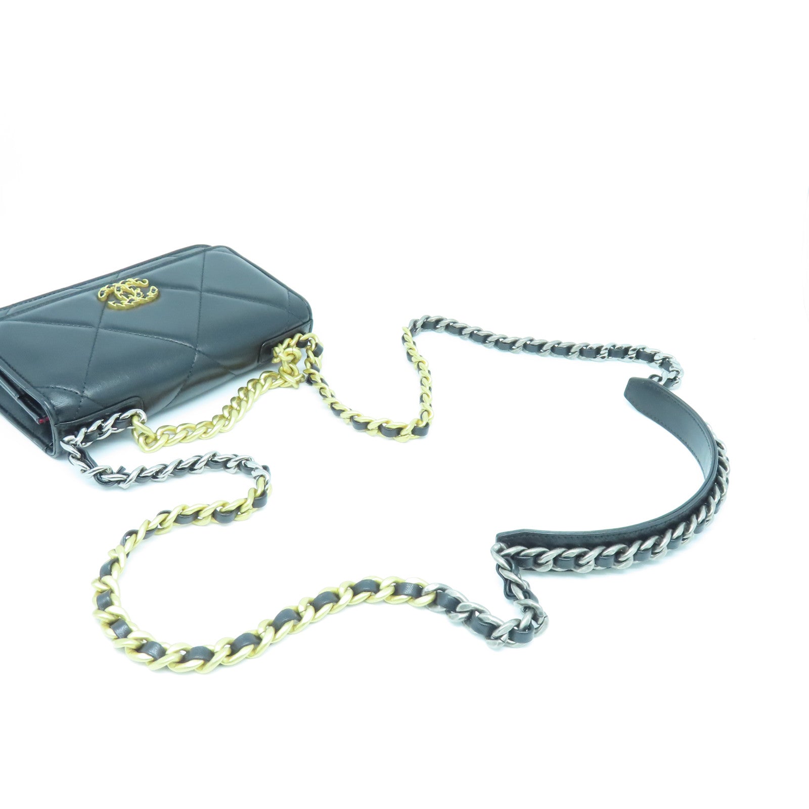 CHANEL 菱格羊皮皮革Chain Shoulder Bag金扣/銀扣鏈帶肩背袋黑色