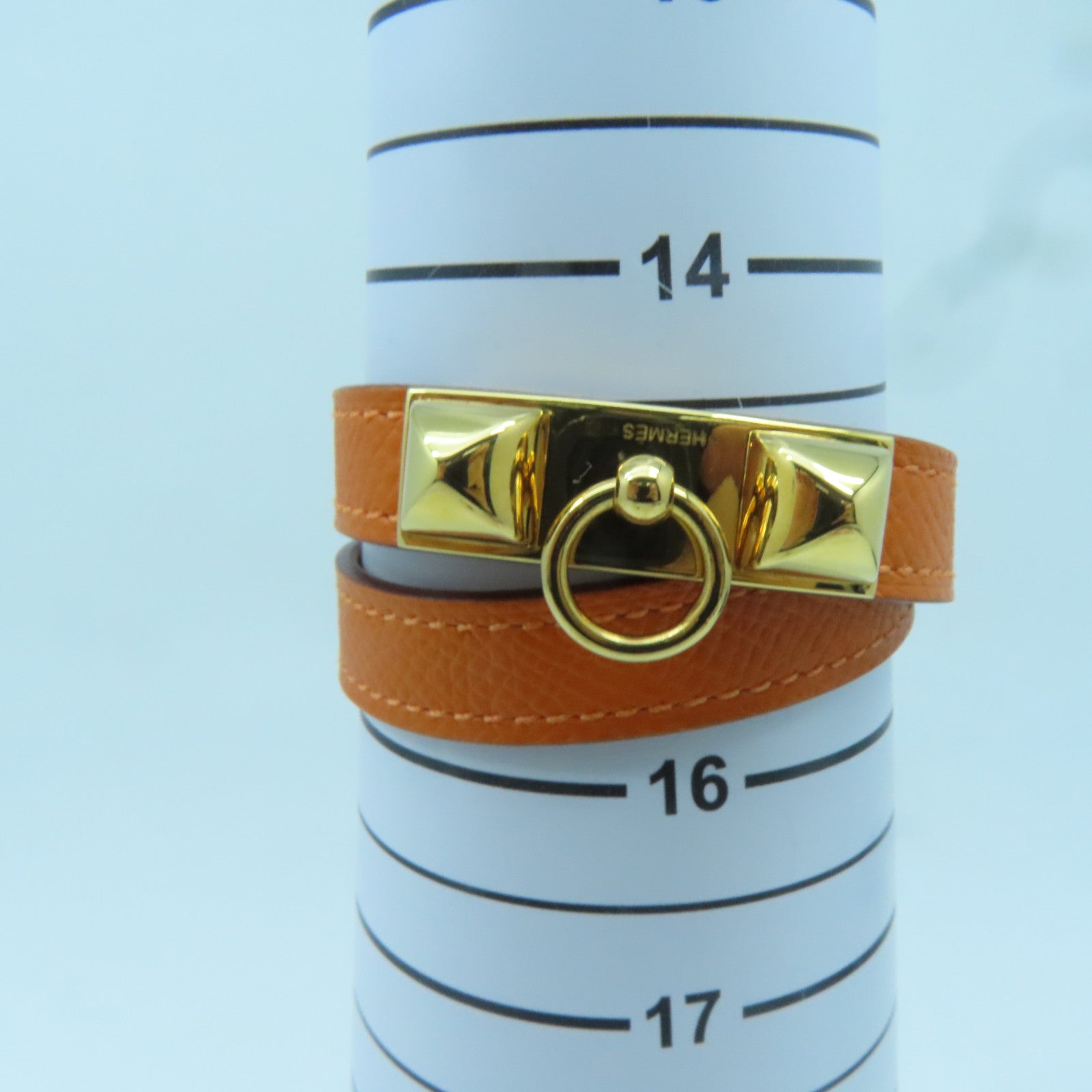 HERMES Epsom皮革Rivale Double Tour Bracelet金扣手链橙色#14.8cm