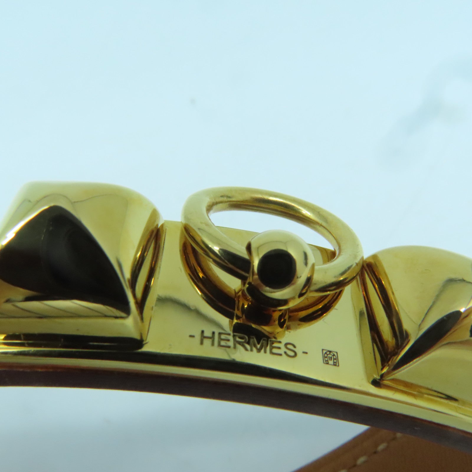 HERMES Epsom皮革Rivale Double Tour Bracelet金扣手链橙色#14.8cm