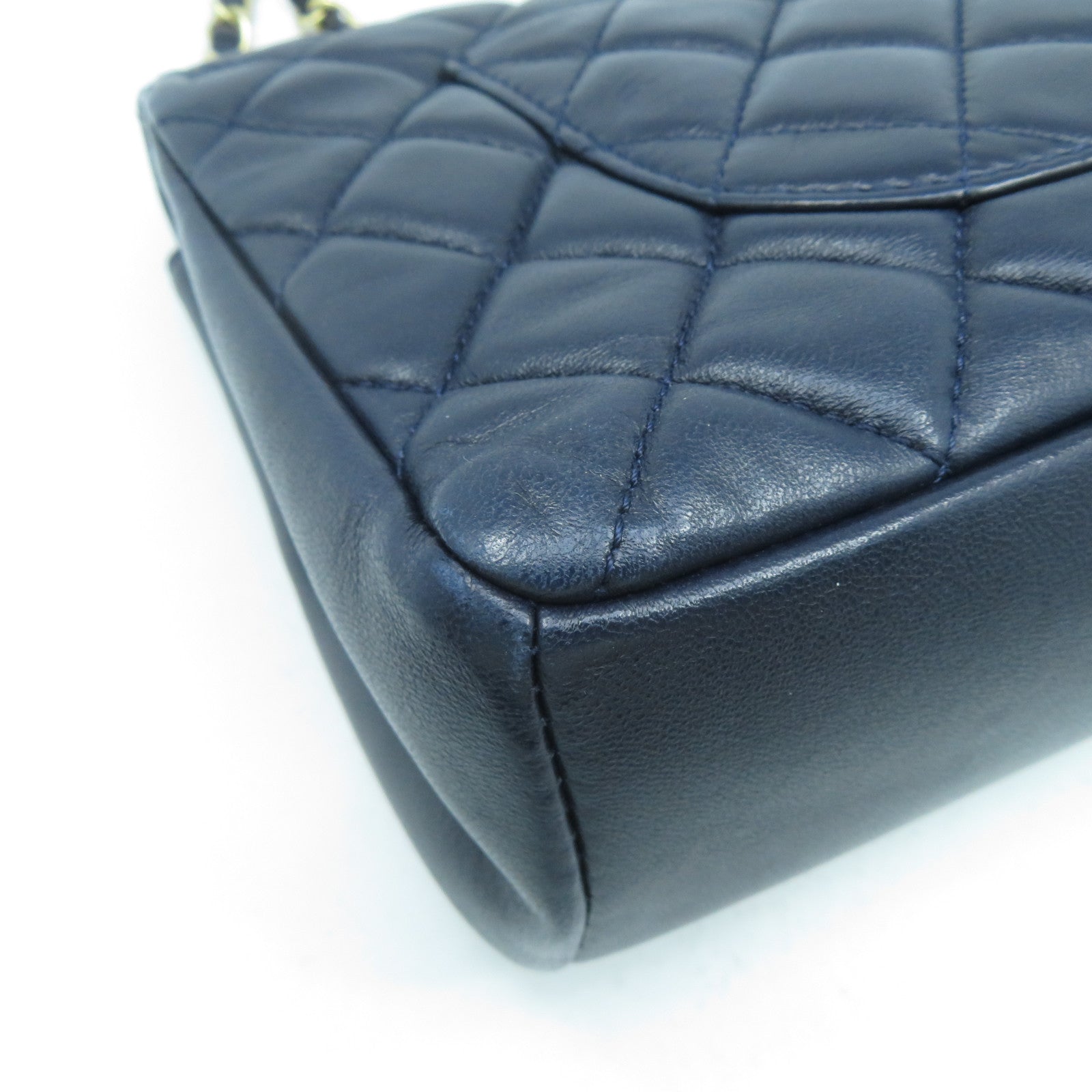 CHANEL 菱格羊皮皮革Chain Shoulder Bag金扣鏈帶肩背袋深藍色