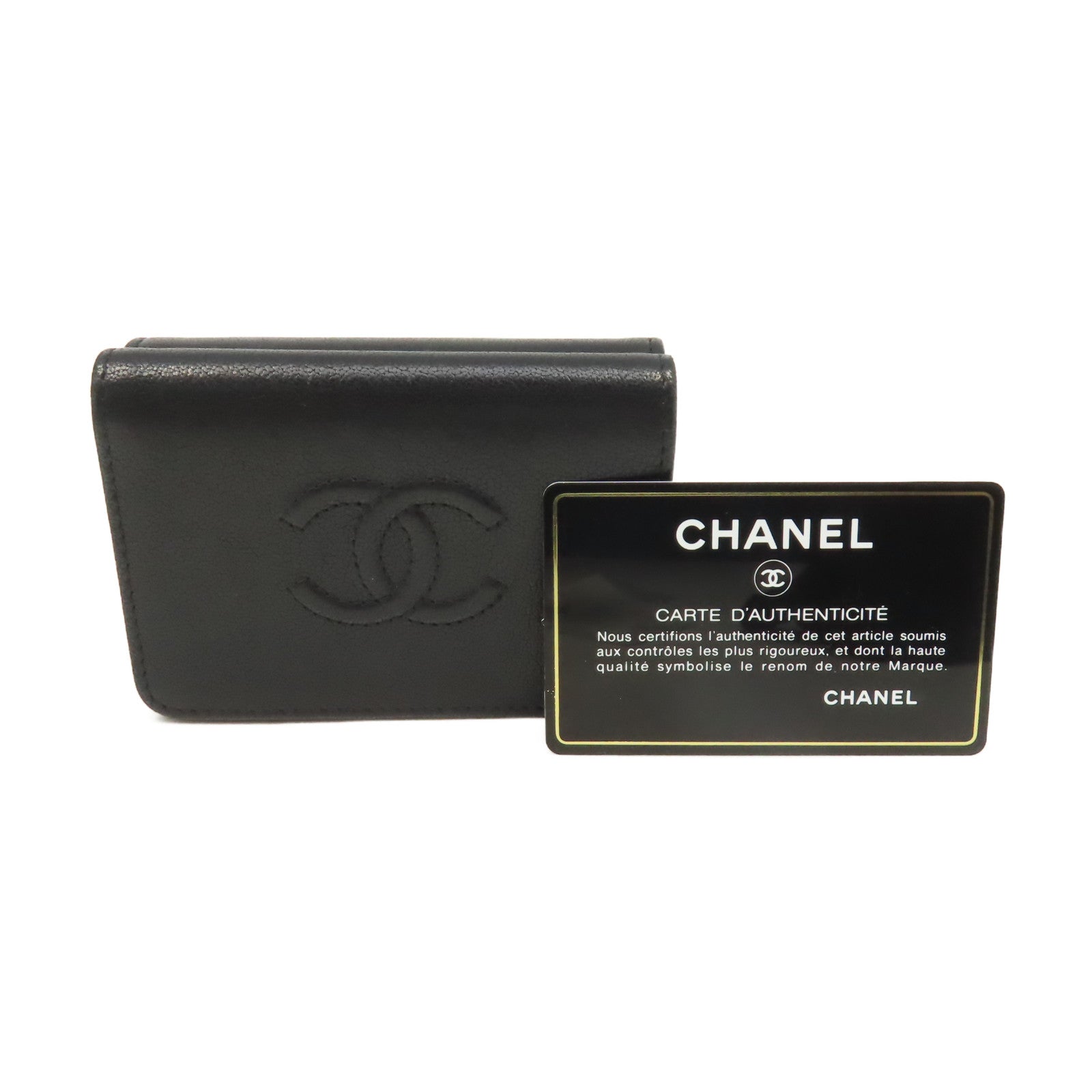 CHANEL 牛皮皮革Mini Wallet銀扣迷你錢包黑色