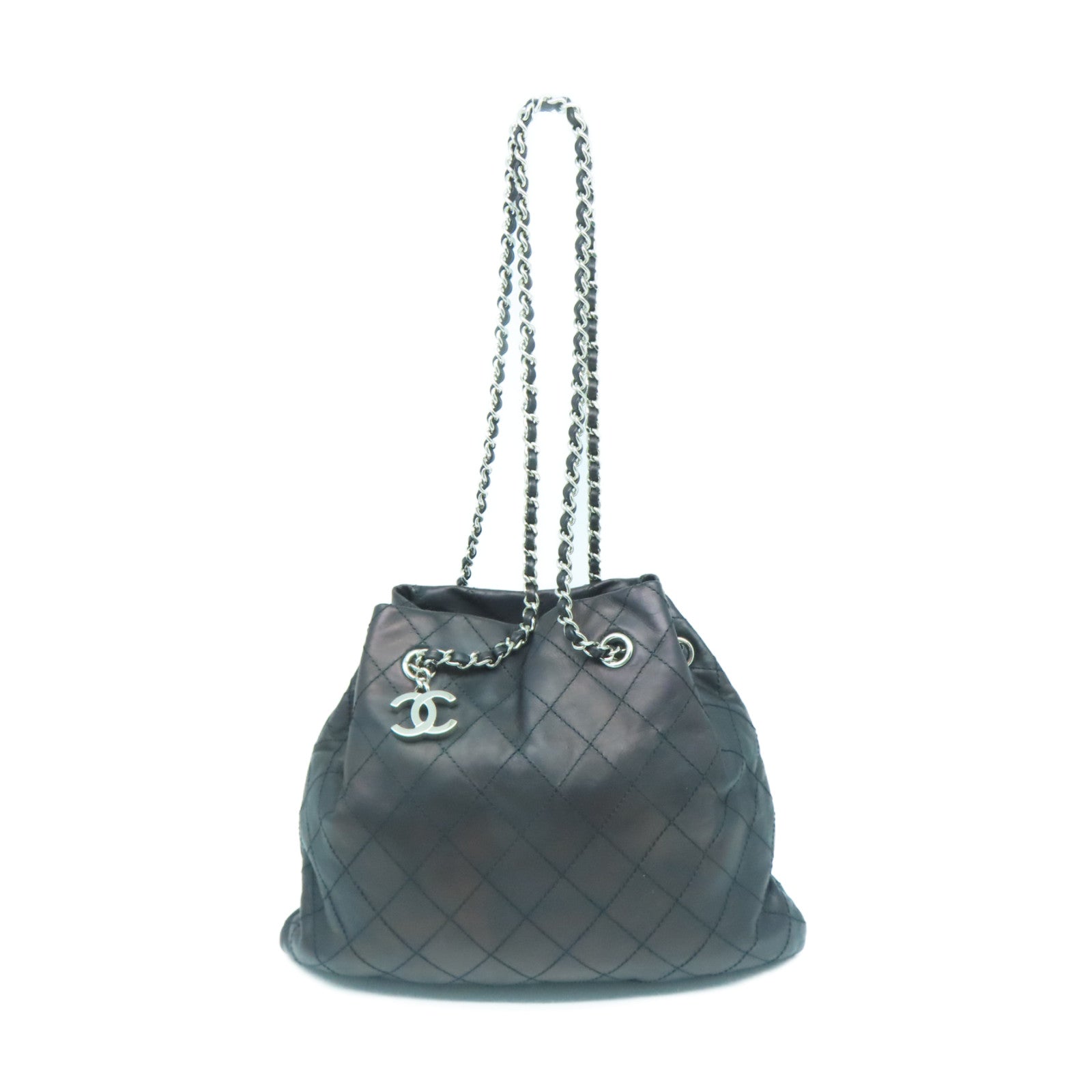 CHANEL 菱格牛皮皮革Chain Shoulder Bag银扣链带肩背袋黑色