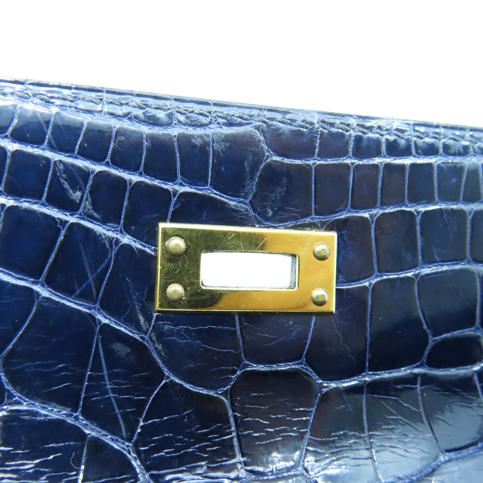 HERMES Crocodile Leather Kelly Pochette Gold Buckle Handle Bag Black