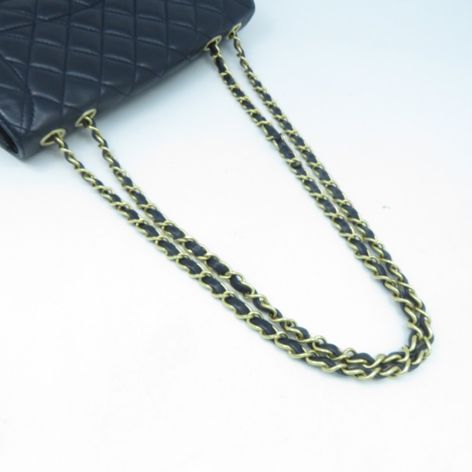CHANEL 菱格羊皮皮革Chain Shoulder Bag金扣鏈帶肩背袋深藍色