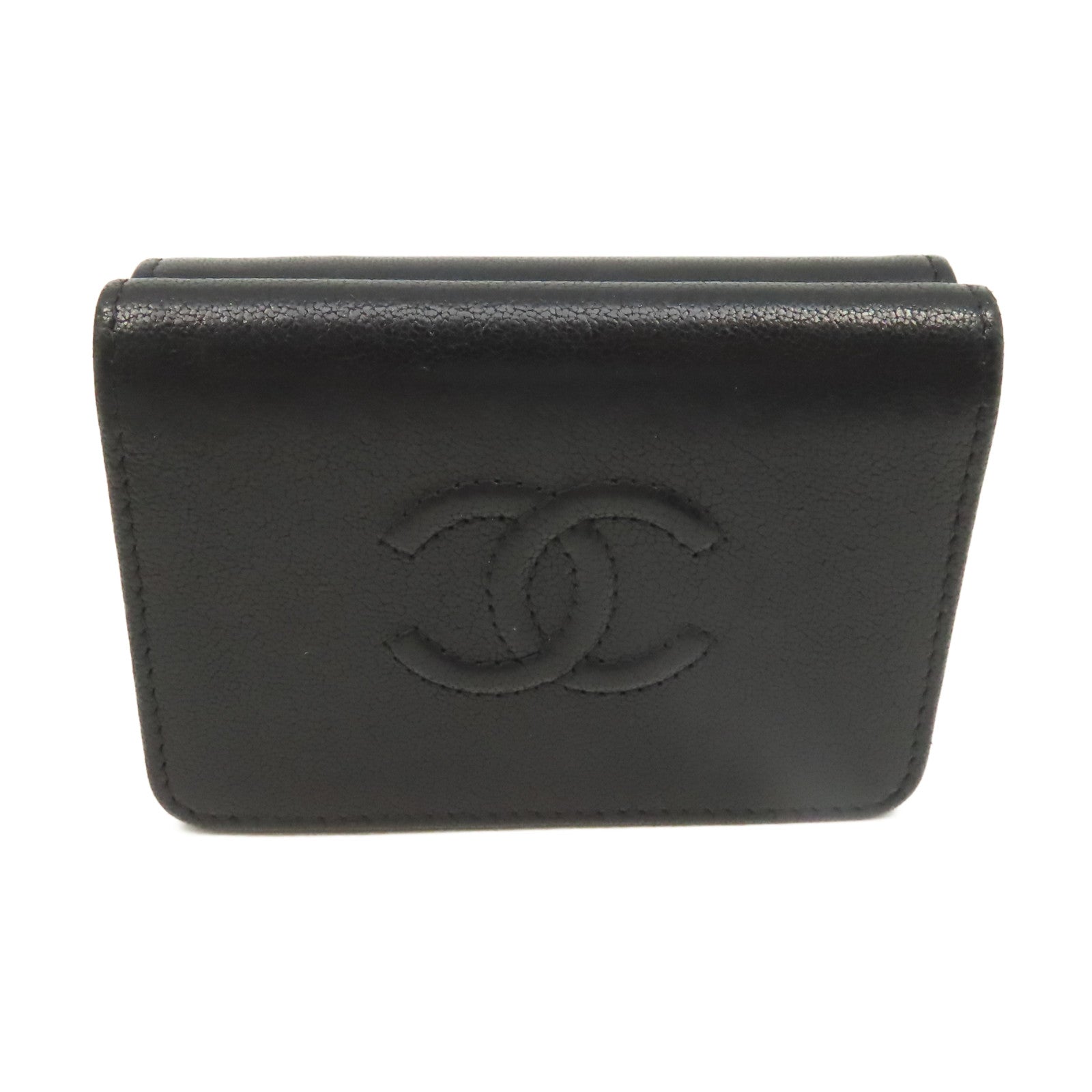CHANEL 牛皮皮革Mini Wallet銀扣迷你錢包黑色