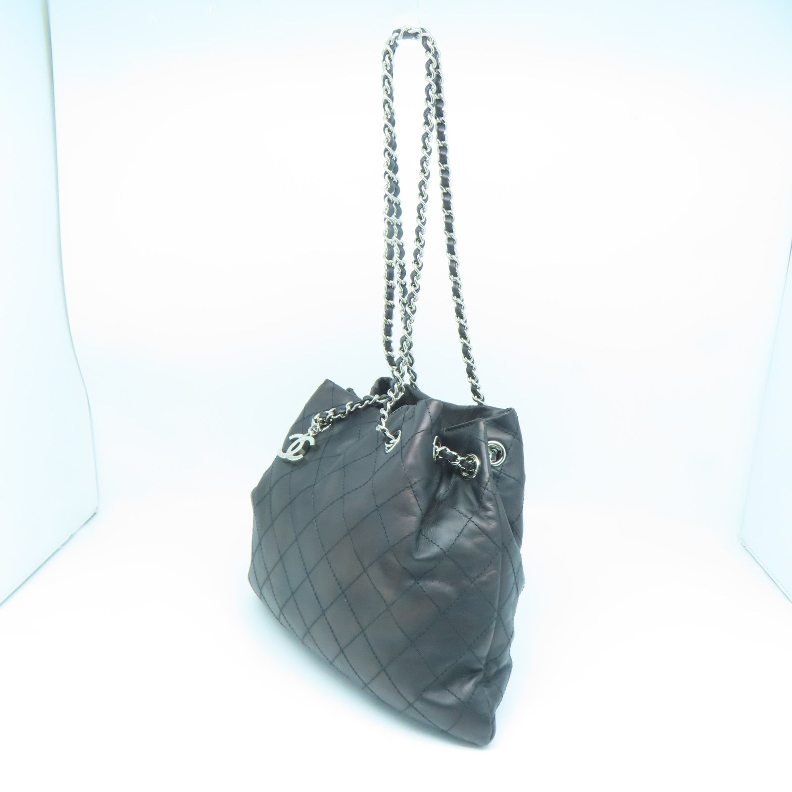 CHANEL 菱格牛皮皮革Chain Shoulder Bag银扣链带肩背袋黑色