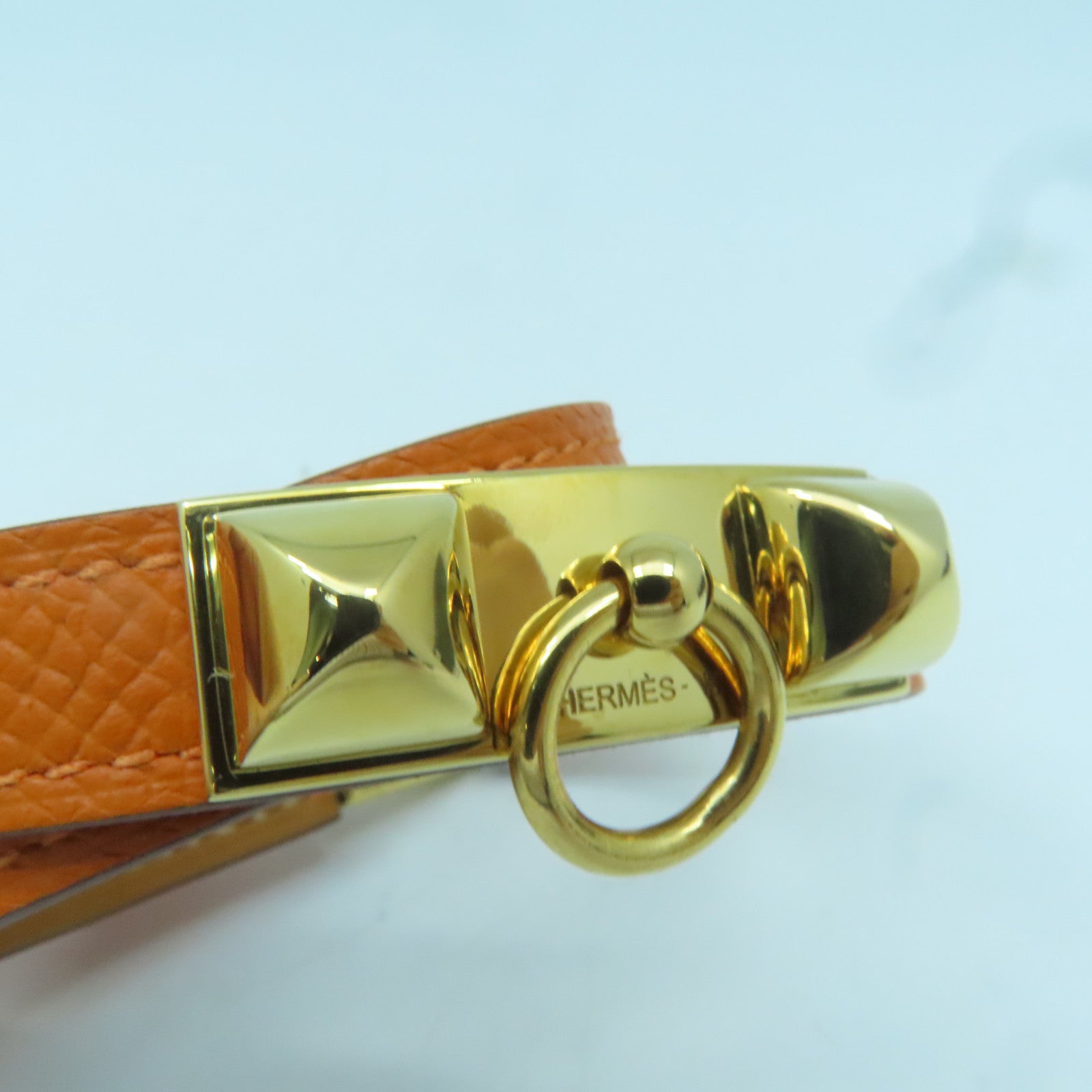 HERMES Epsom皮革Rivale Double Tour Bracelet金扣手链橙色#14.8cm