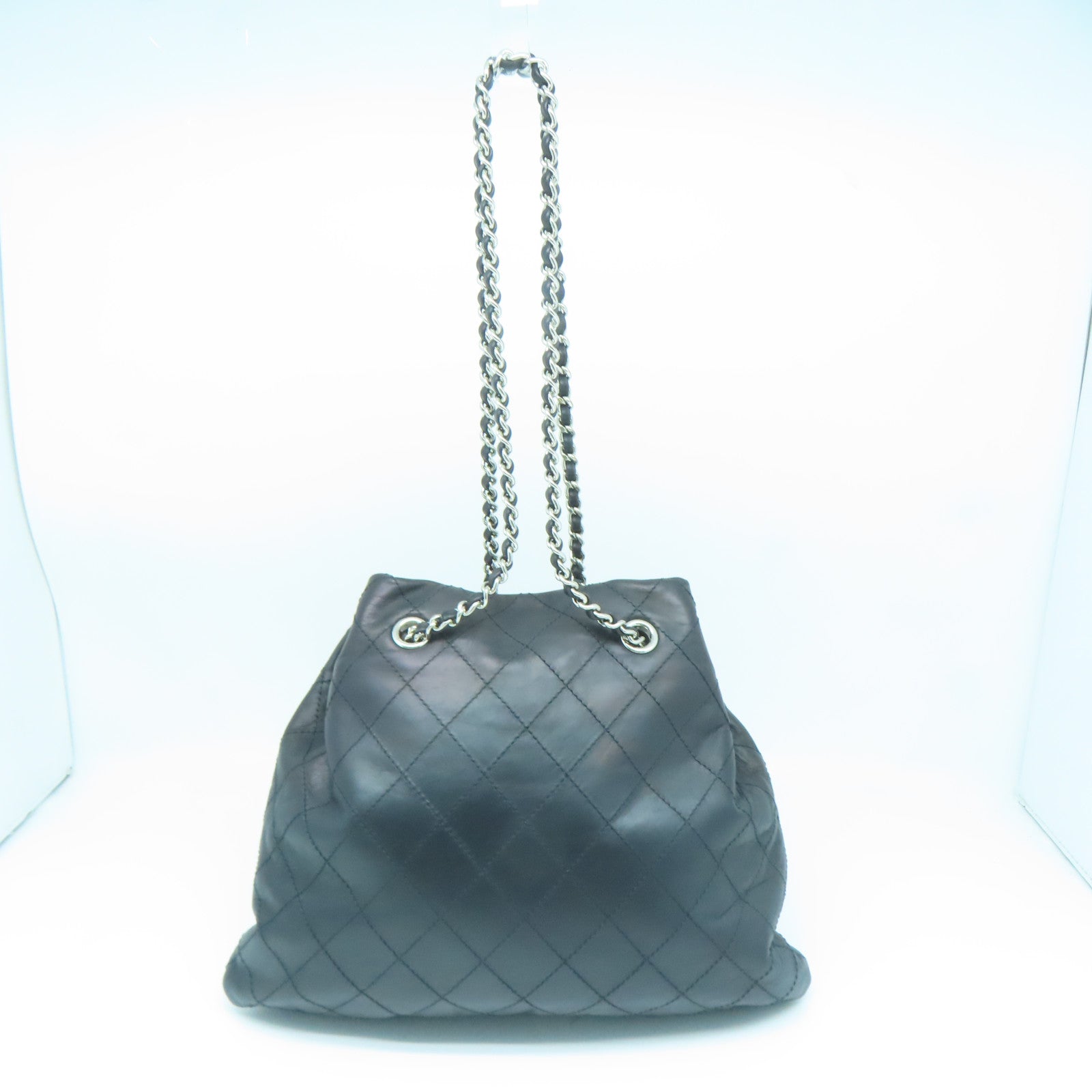 CHANEL 菱格牛皮皮革Chain Shoulder Bag银扣链带肩背袋黑色