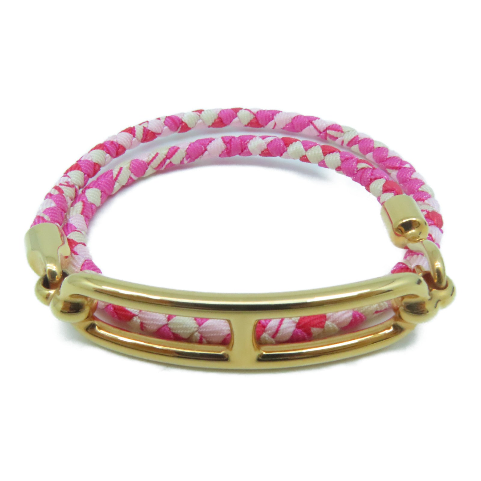 HERMES 布料Roulis Double Tour Bracelet金扣手鏈粉紅色/紅色/米色#14cm
