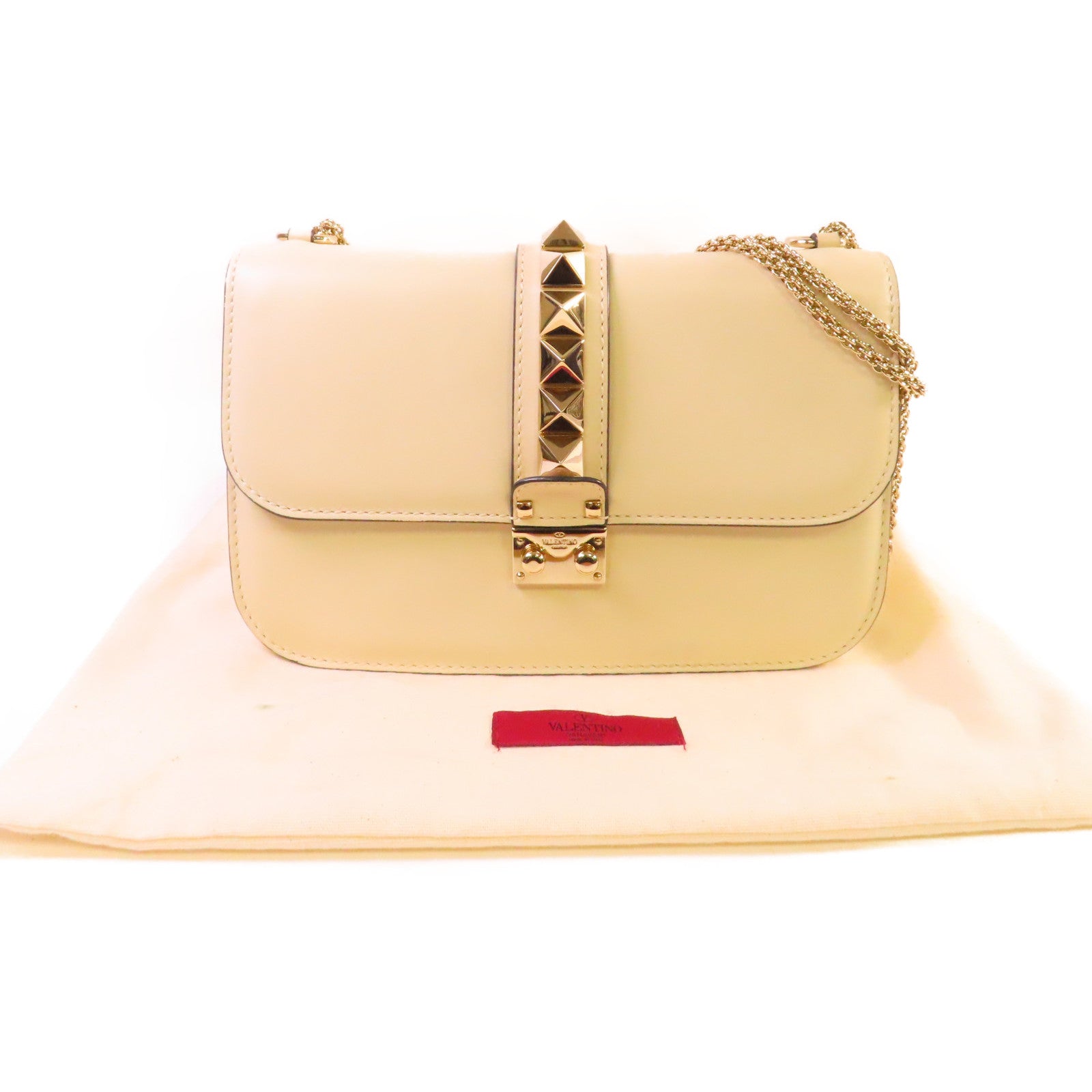 Valentino 牛皮皮革Garanani Lock Chain Shoulder Bag金扣鏈帶肩背袋米白色