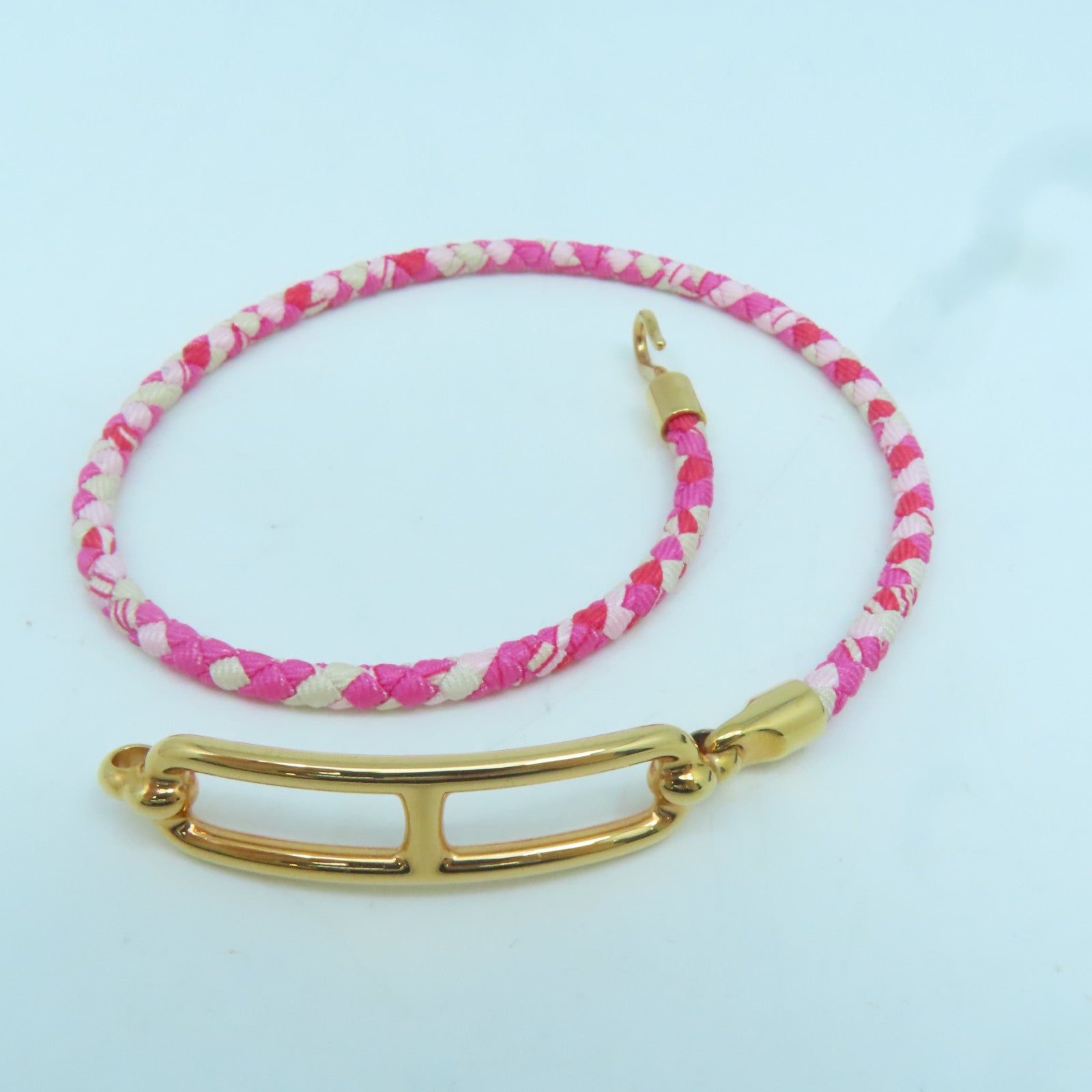 HERMES 布料Roulis Double Tour Bracelet金扣手鏈粉紅色/紅色/米色#14cm