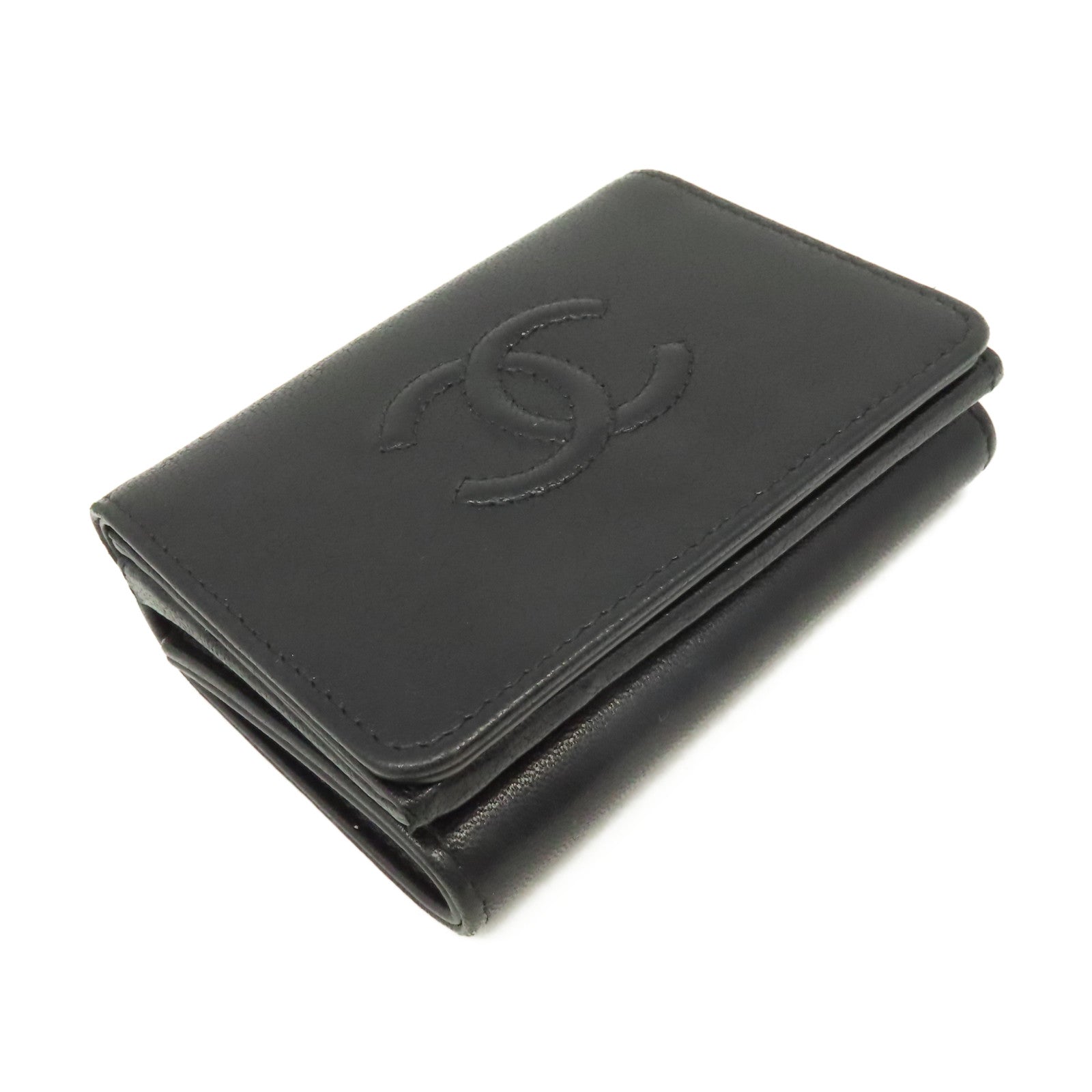 CHANEL 牛皮皮革Mini Wallet銀扣迷你錢包黑色