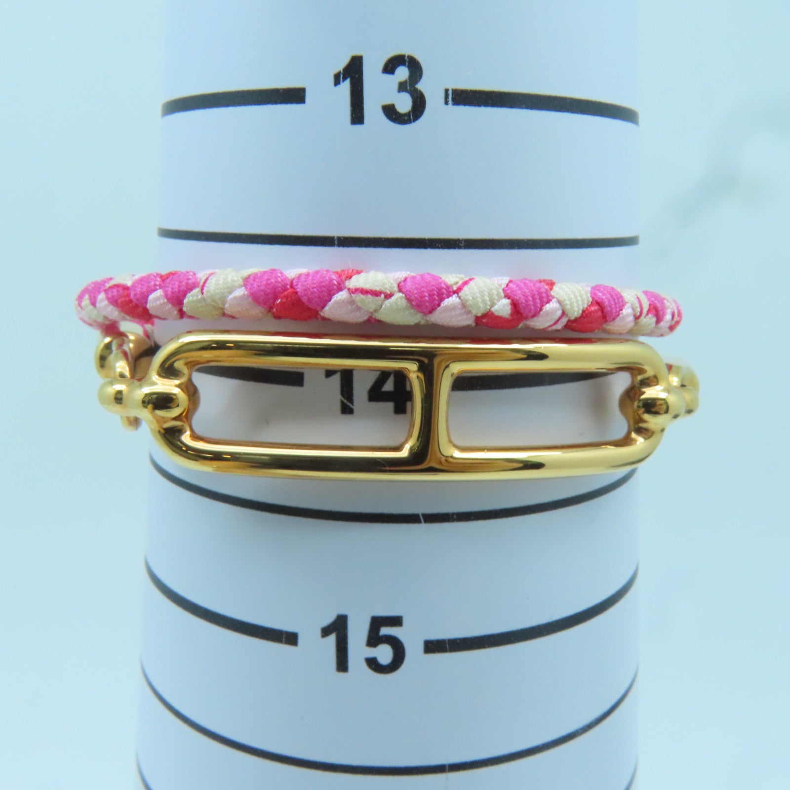 HERMES 布料Roulis Double Tour Bracelet金扣手鏈粉紅色/紅色/米色#14cm