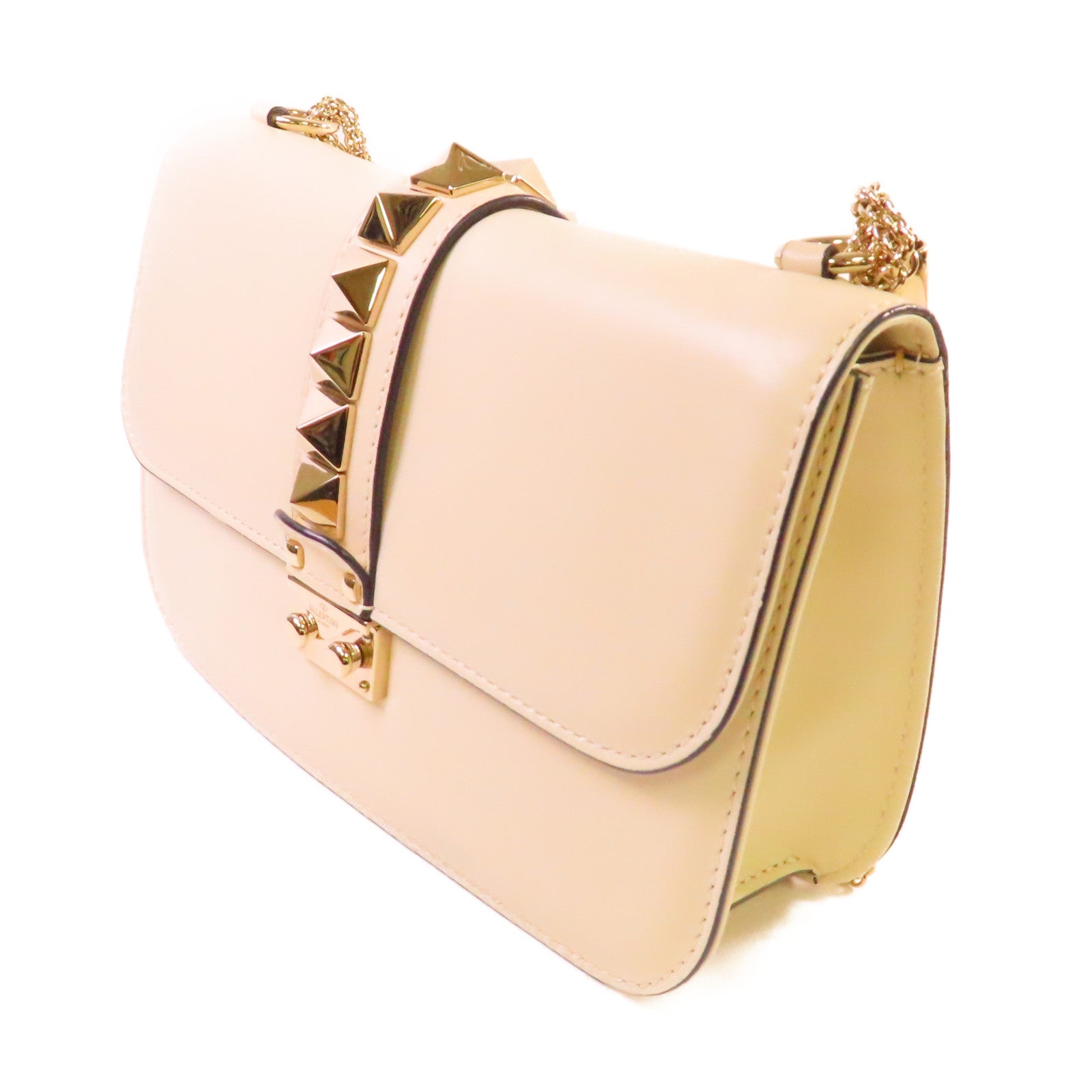 Valentino 牛皮皮革Garanani Lock Chain Shoulder Bag金扣鏈帶肩背袋米白色