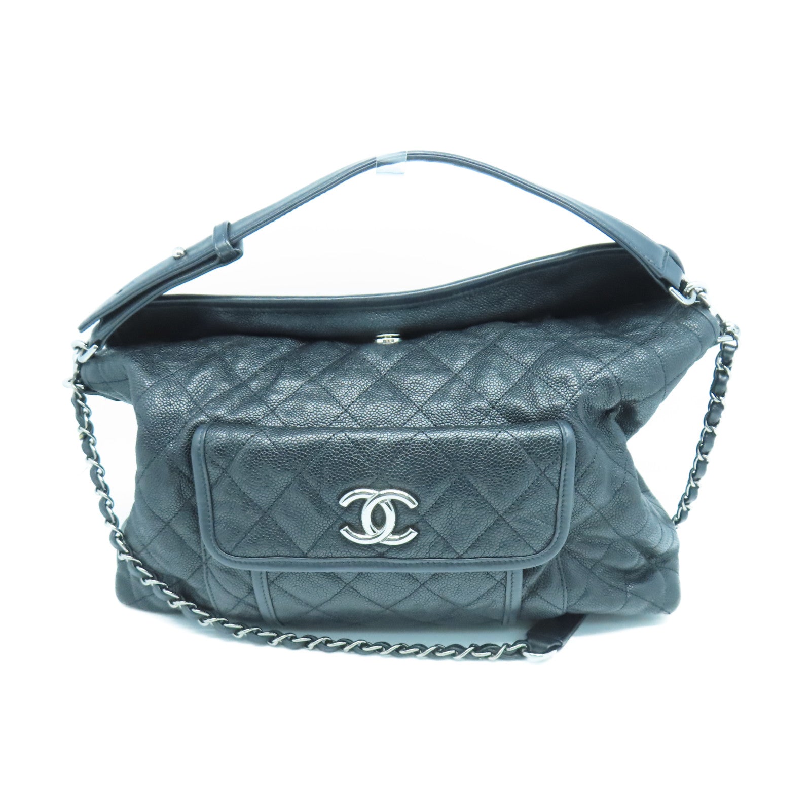 CHANEL 菱格牛皮皮革Shoulder Bag銀扣手挽肩背兩用袋黑色