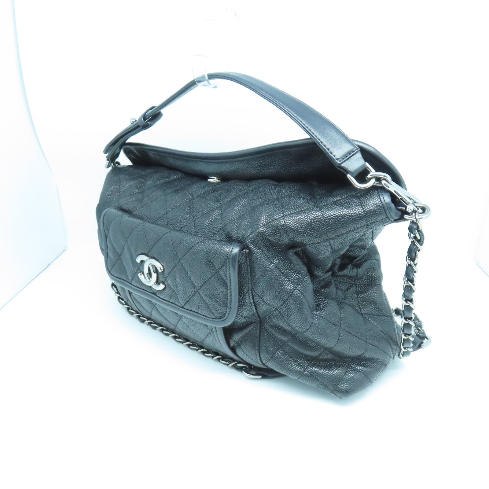 CHANEL 菱格牛皮皮革Shoulder Bag銀扣手挽肩背兩用袋黑色