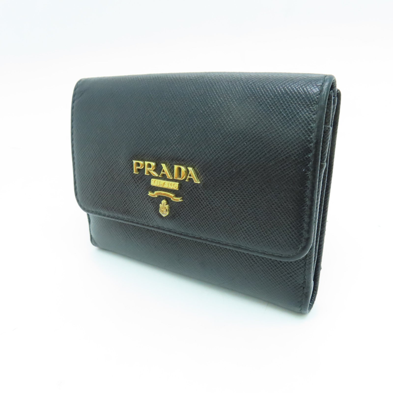 PRADA Saffiano Leather Wallet Gold Buckle Wallet Black