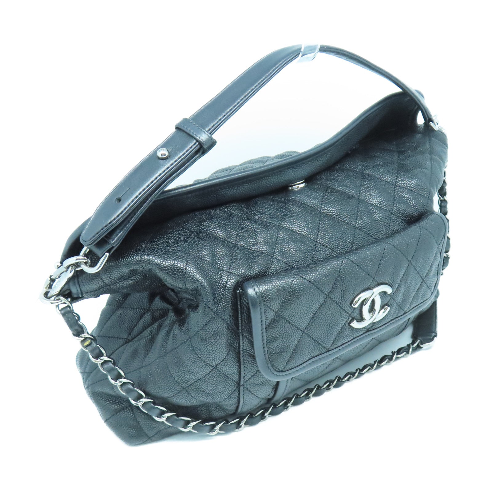 CHANEL 菱格牛皮皮革Shoulder Bag銀扣手挽肩背兩用袋黑色