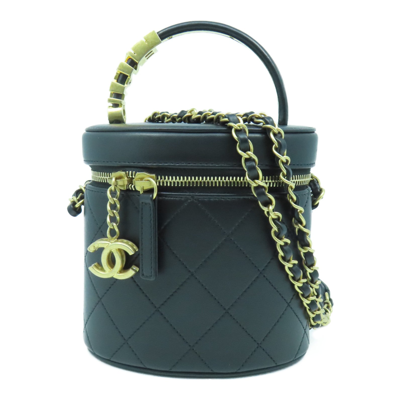 CHANEL 菱格牛皮皮革Chain Shoulder Bag金扣鏈帶肩背袋黑色