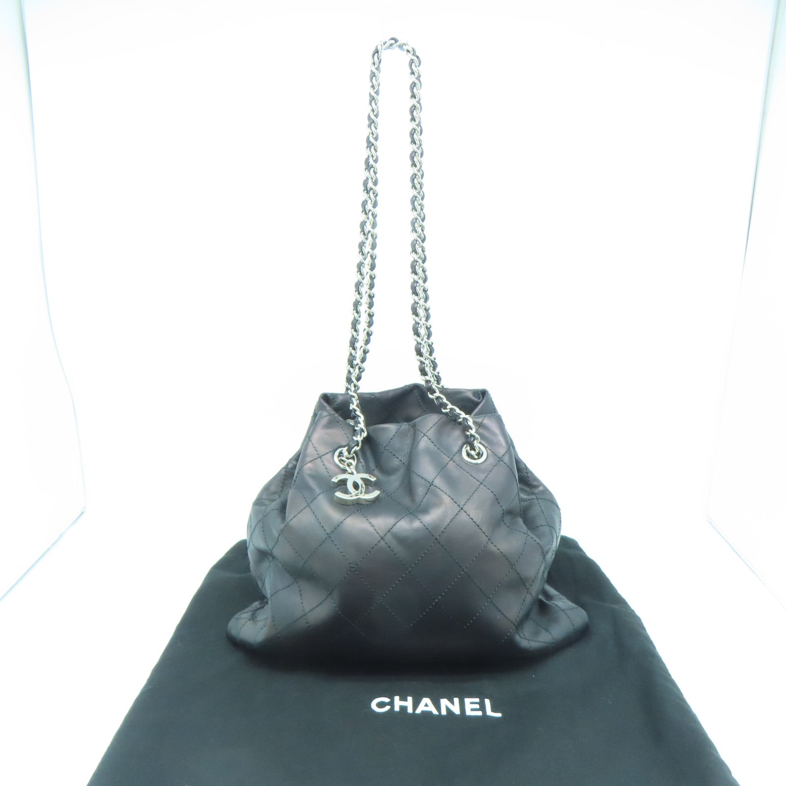 CHANEL 菱格牛皮皮革Chain Shoulder Bag银扣链带肩背袋黑色