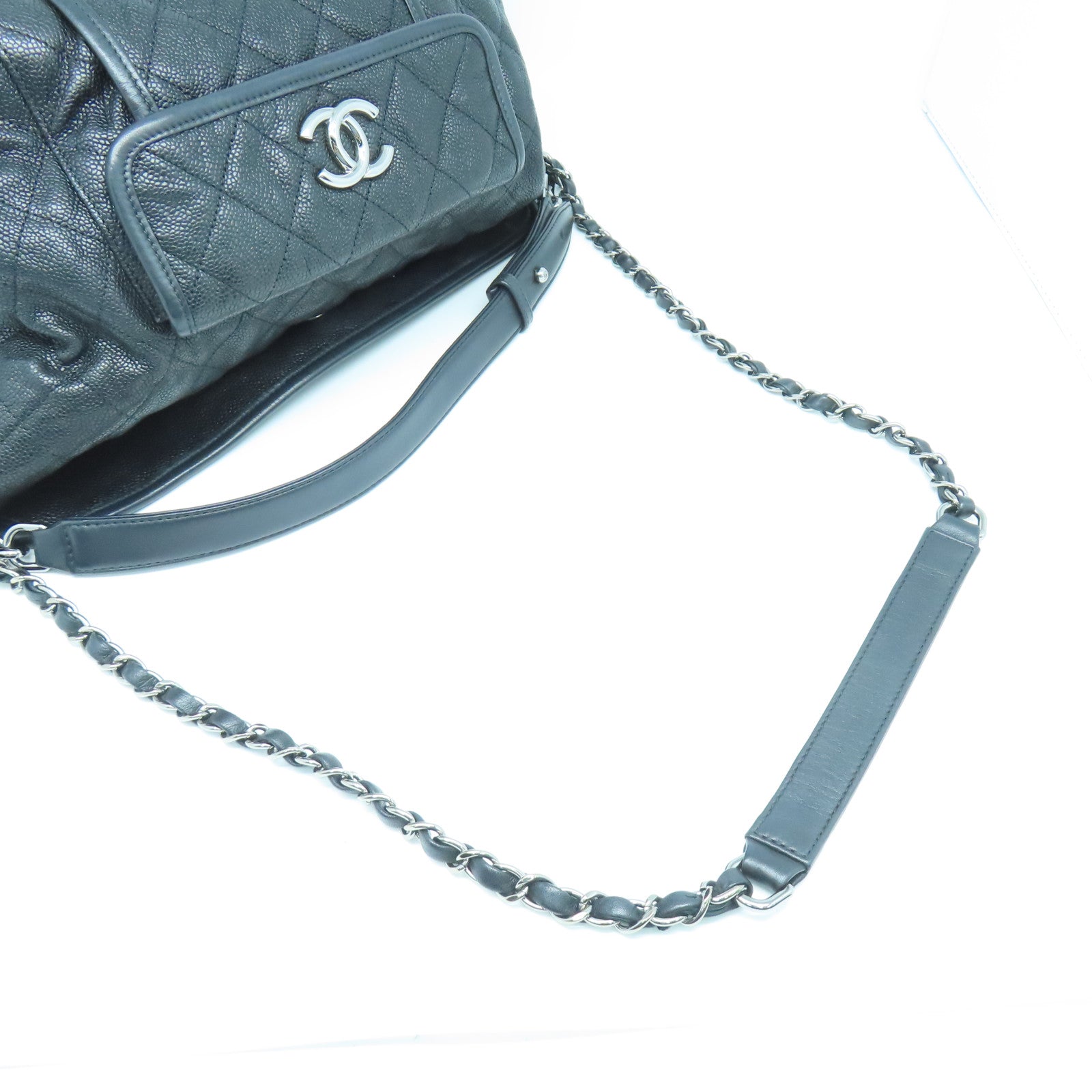 CHANEL 菱格牛皮皮革Shoulder Bag銀扣手挽肩背兩用袋黑色