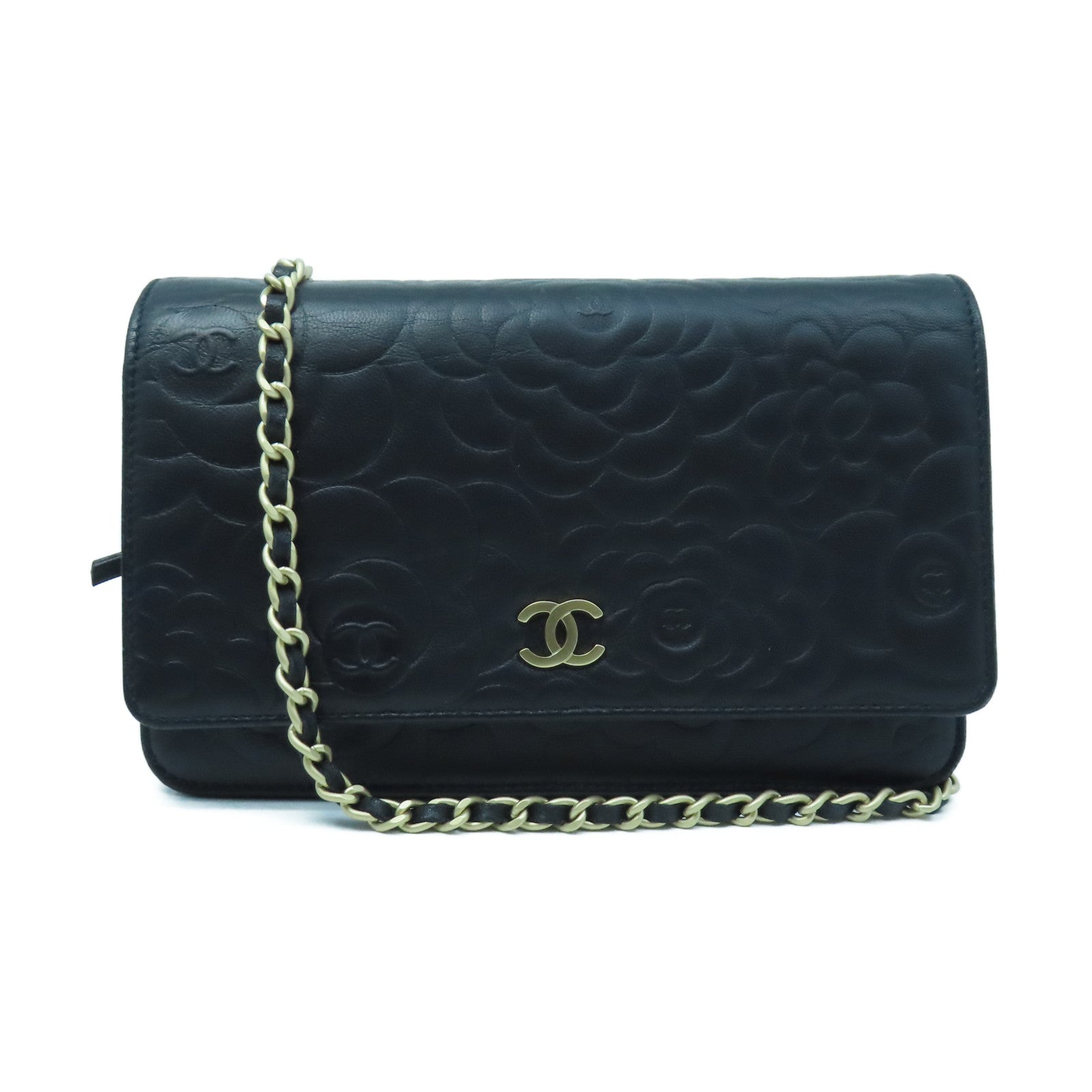 CHANEL Sheepskin Leather Wallet On Chain Gold Buckle Chain Shoulder Bag Black