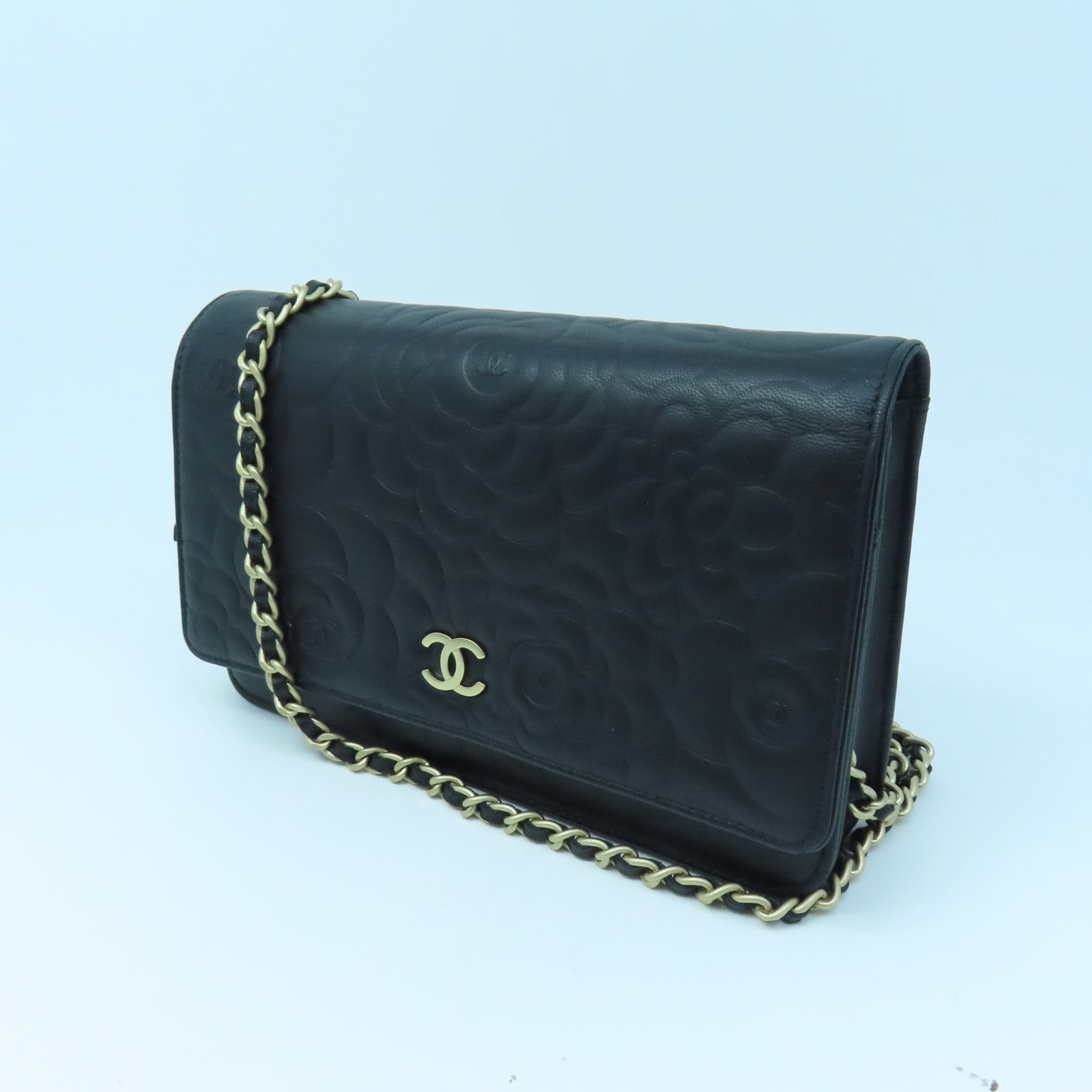 CHANEL Sheepskin Leather Wallet On Chain Gold Buckle Chain Shoulder Bag Black