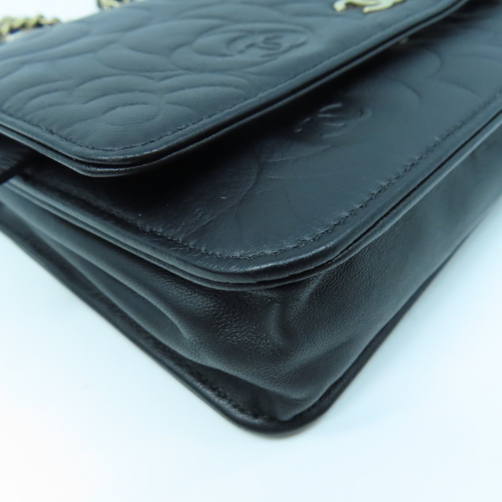 CHANEL Sheepskin Leather Wallet On Chain Gold Buckle Chain Shoulder Bag Black