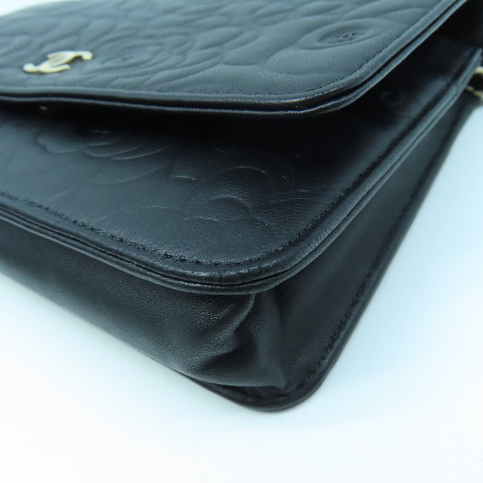 CHANEL Sheepskin Leather Wallet On Chain Gold Buckle Chain Shoulder Bag Black