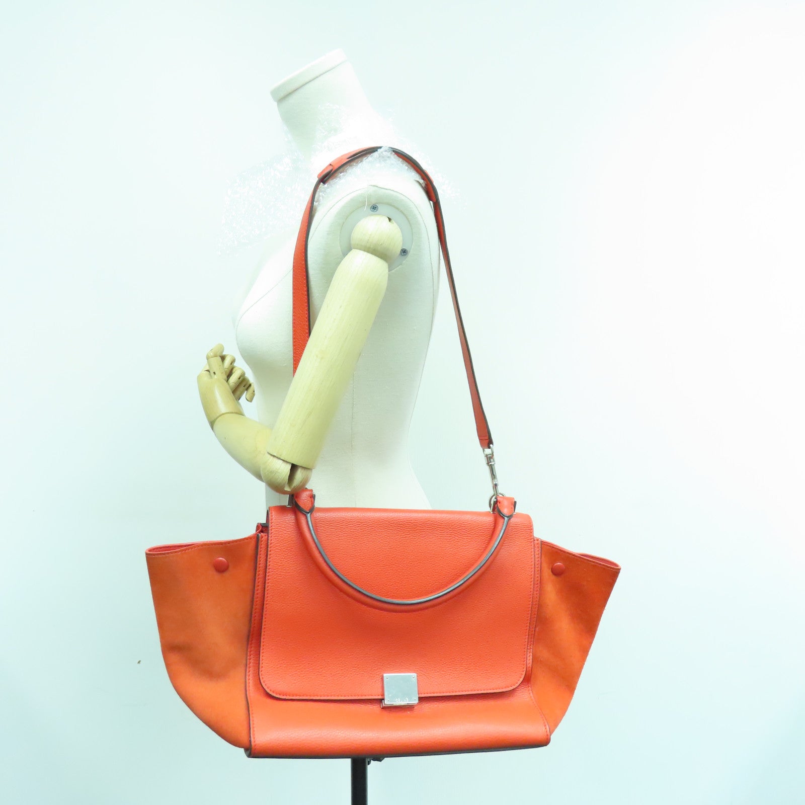 CELINE 牛皮皮革Trapeze銀扣手挽肩背兩用袋橙色