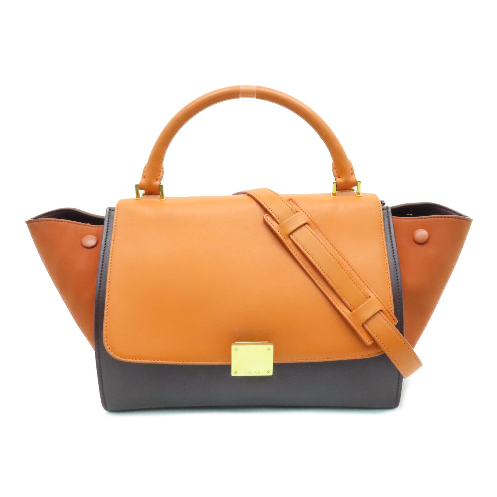 CELINE Cowhide Leather Trapeze Gold Buckle Handle Shoulder Bag Brown/Orange