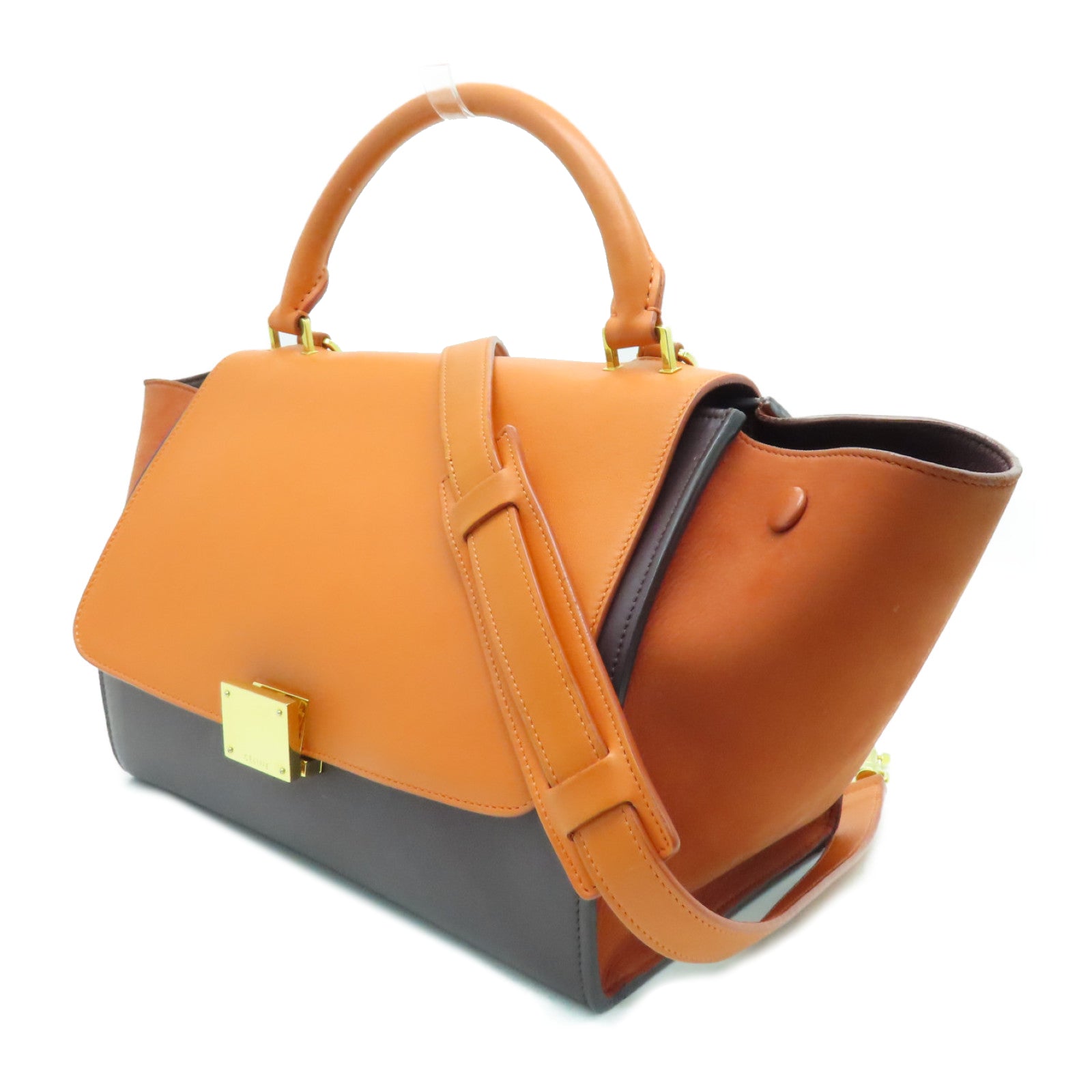 CELINE Cowhide Leather Trapeze Gold Buckle Handle Shoulder Bag Brown/Orange