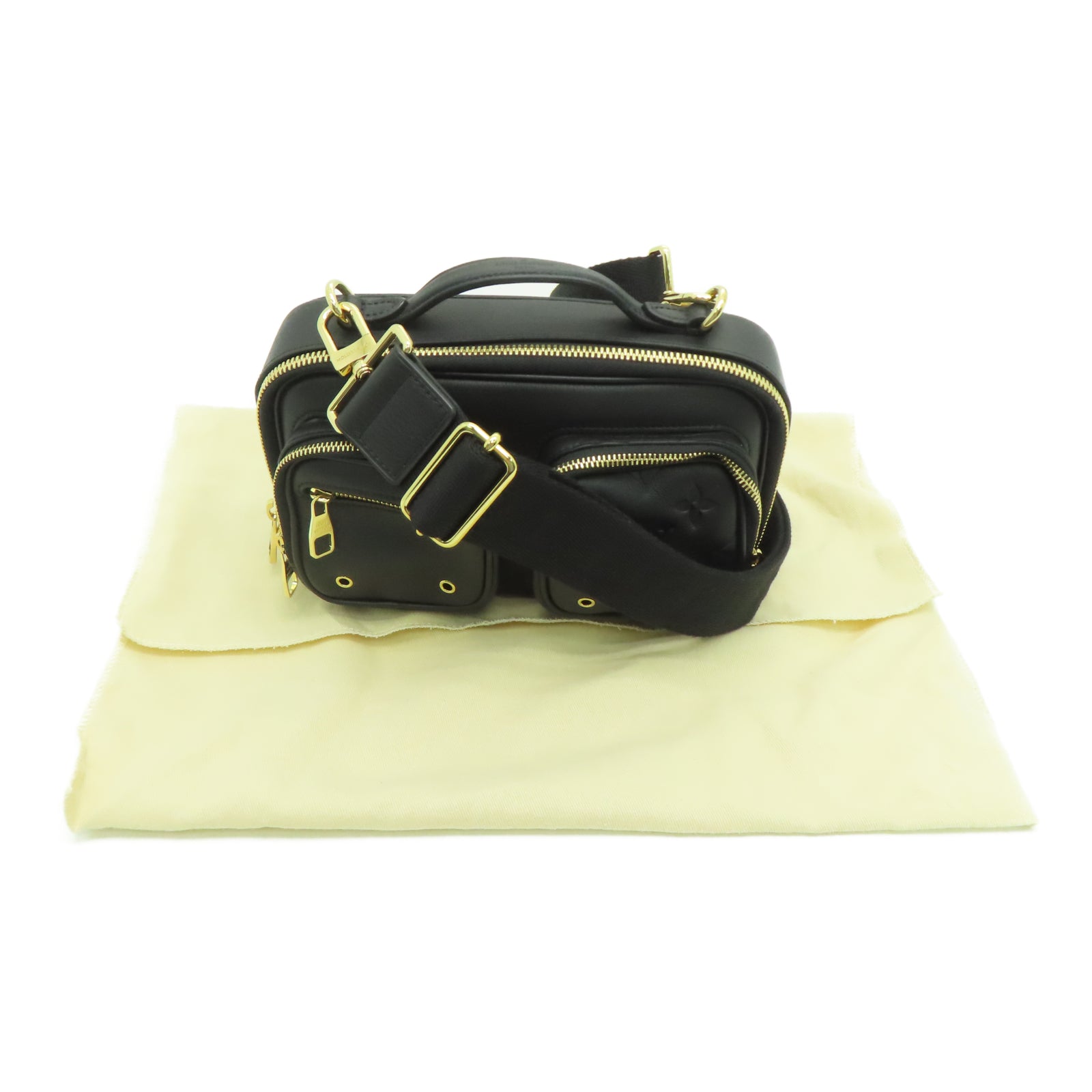 LOUIS VUITTON Cowhide Leather Utility Gold Buckle Shoulder Bag Black