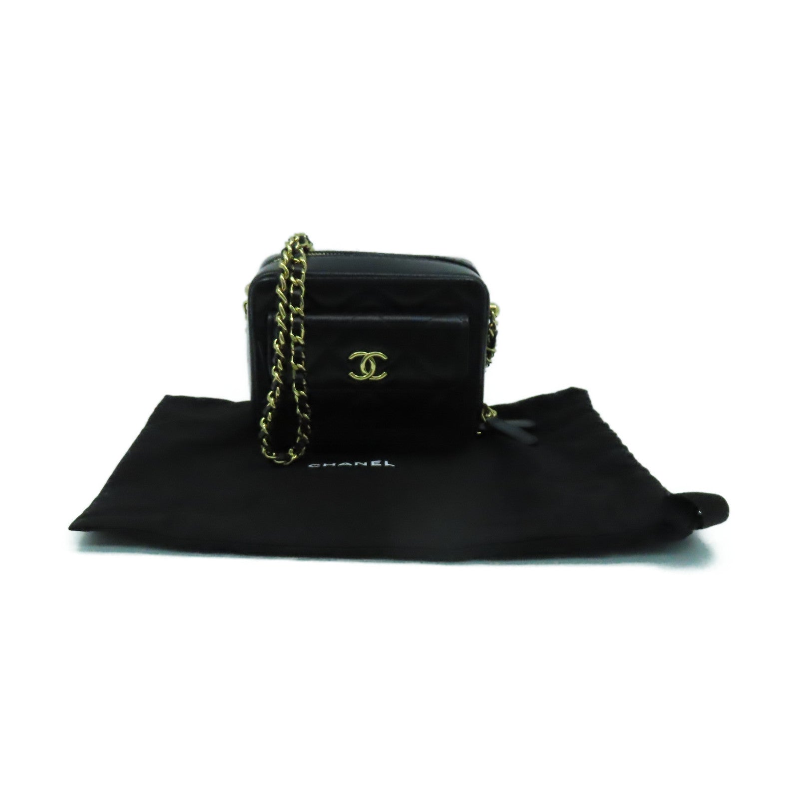 CHANEL 菱格牛皮皮革Chain Shoulder Bag金扣鏈帶肩背袋黑色