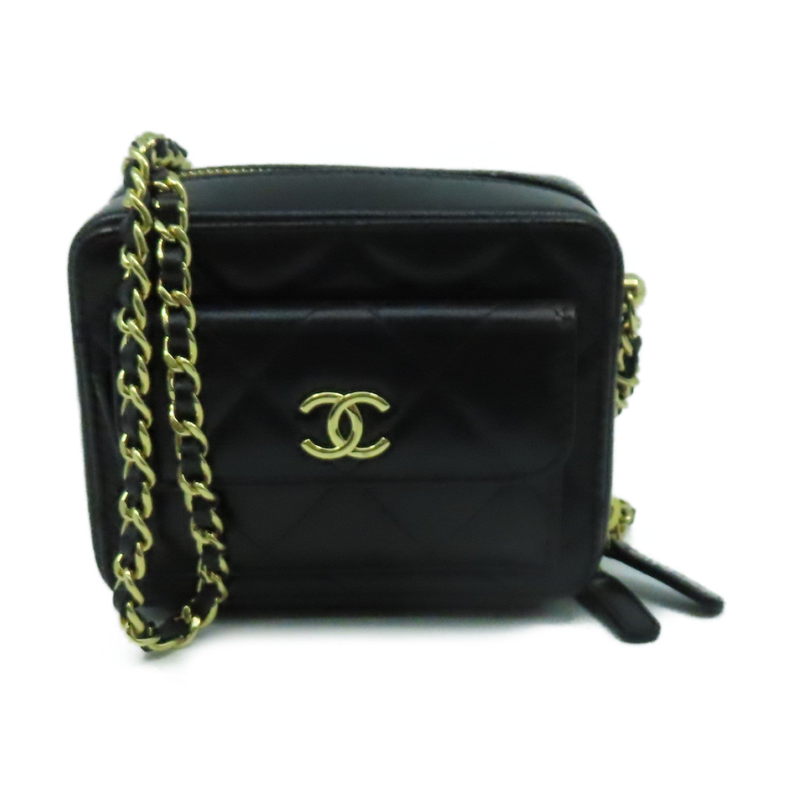 CHANEL 菱格牛皮皮革Chain Shoulder Bag金扣鏈帶肩背袋黑色