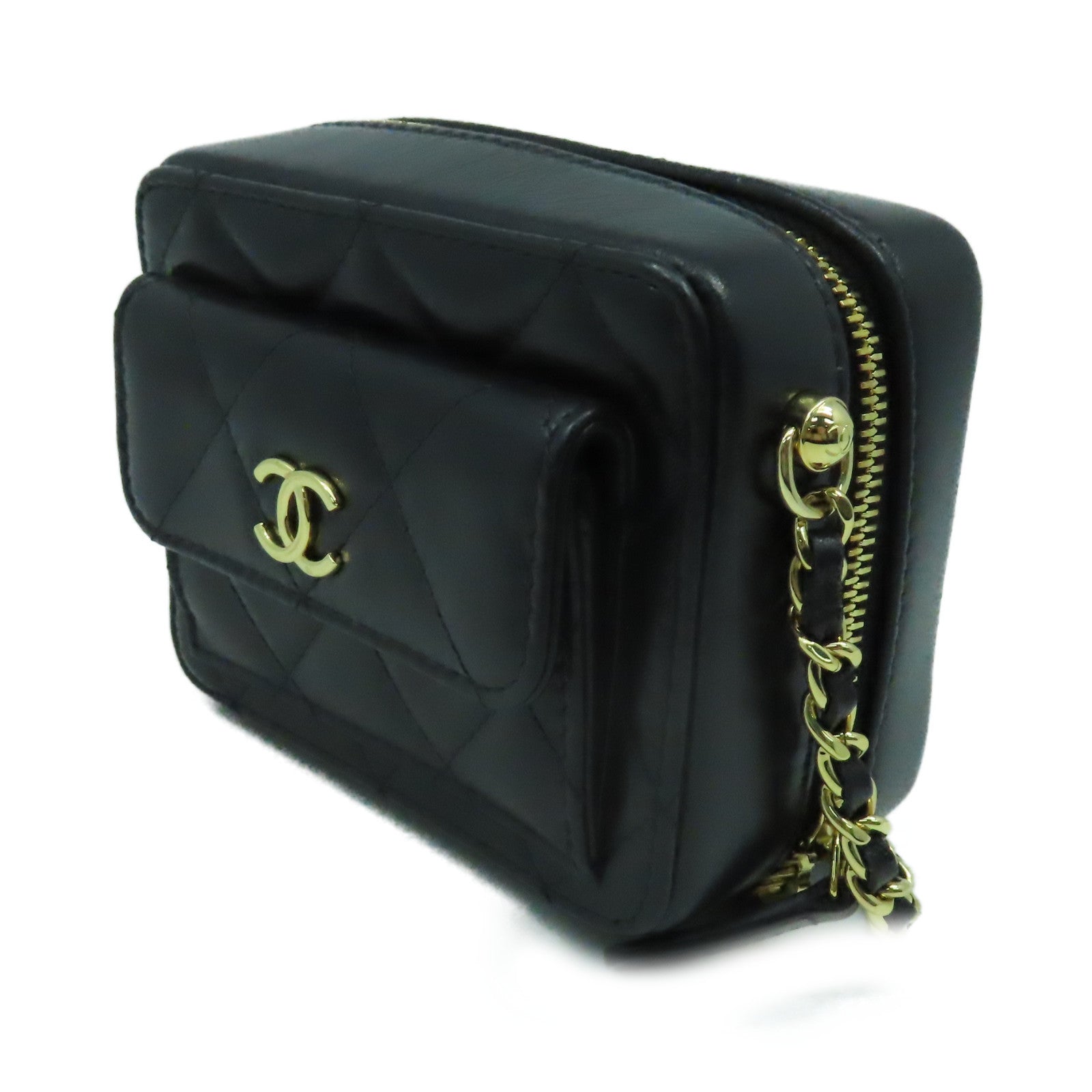 CHANEL 菱格牛皮皮革Chain Shoulder Bag金扣鏈帶肩背袋黑色