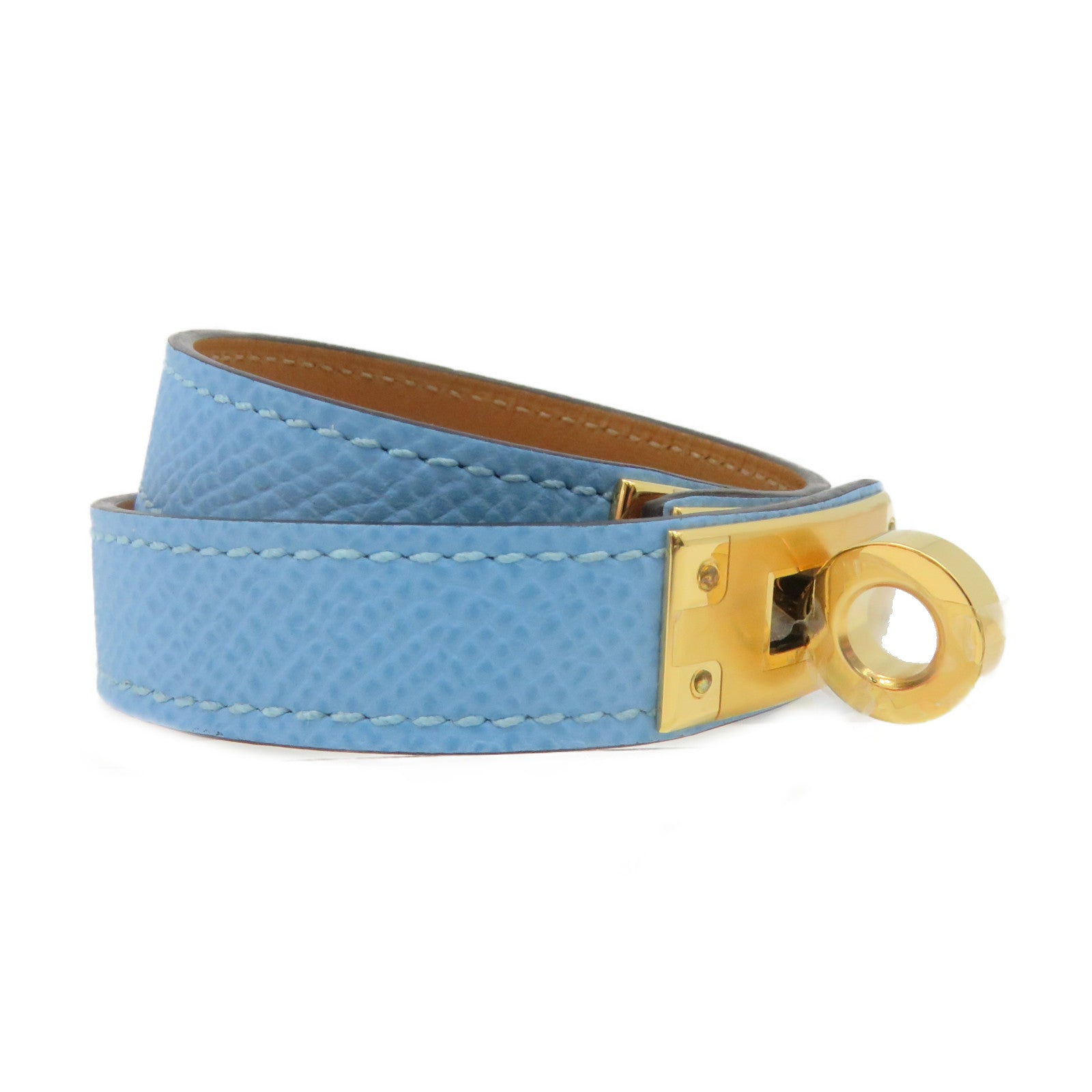 HERMES Swift皮革/金屬Mini Kelly Double Tour Bracelet T3金扣手鏈淺藍色