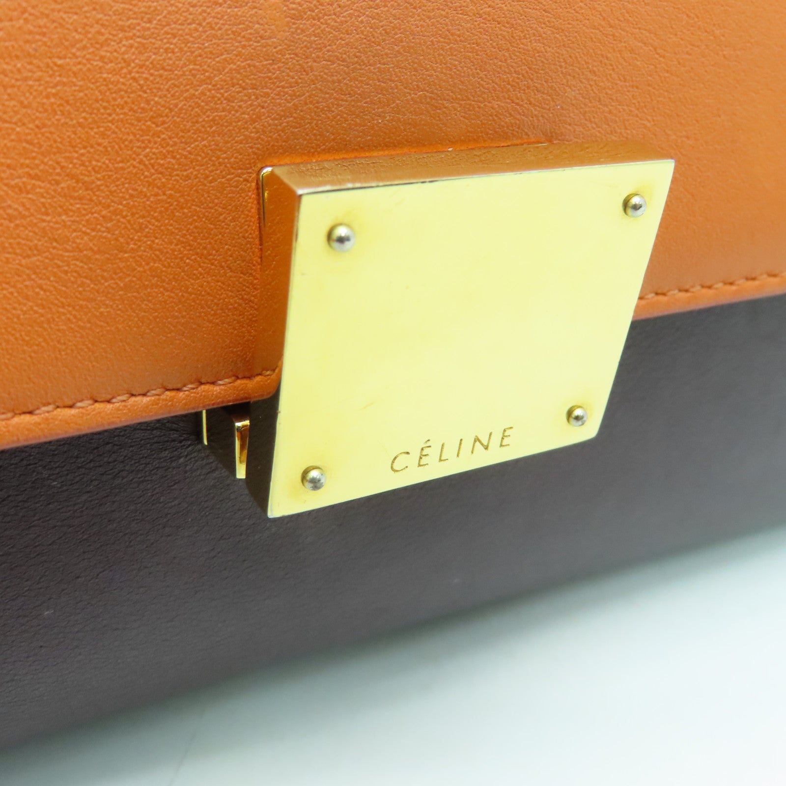 CELINE Cowhide Leather Trapeze Gold Buckle Handle Shoulder Bag Brown/Orange