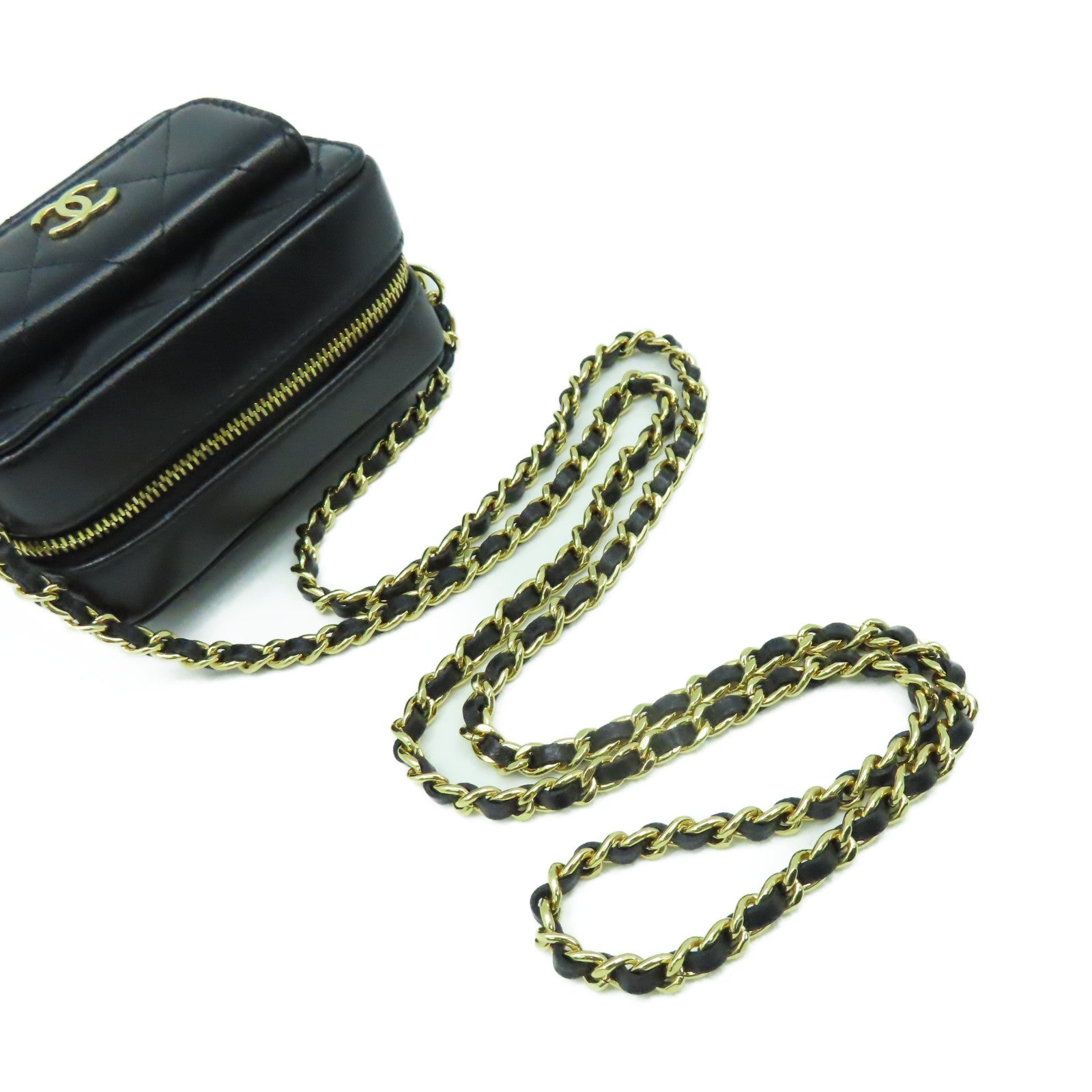 CHANEL 菱格牛皮皮革Chain Shoulder Bag金扣鏈帶肩背袋黑色