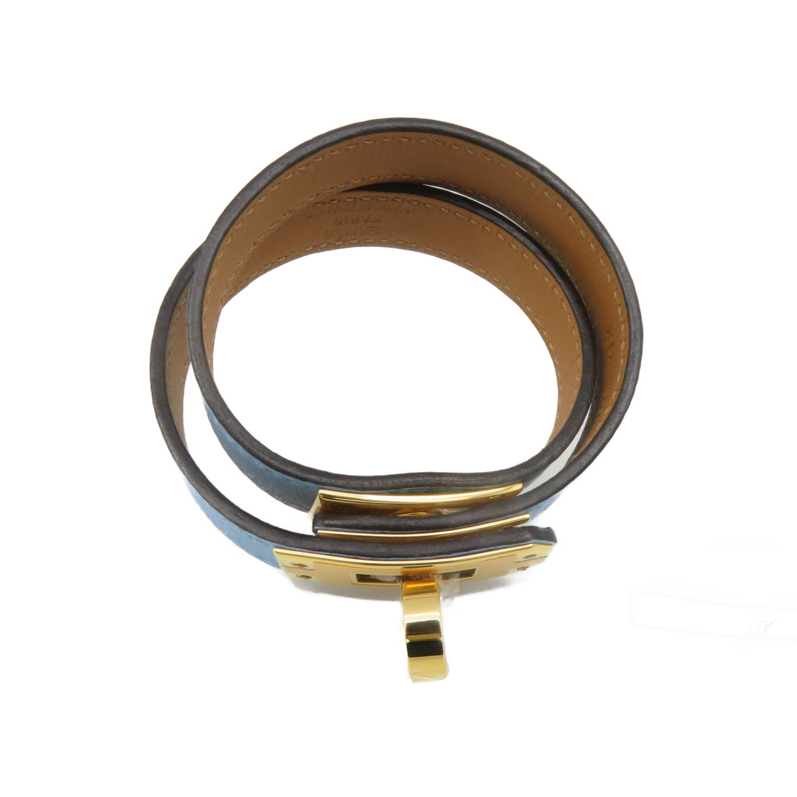 HERMES Swift皮革/金屬Mini Kelly Double Tour Bracelet T3金扣手鏈淺藍色