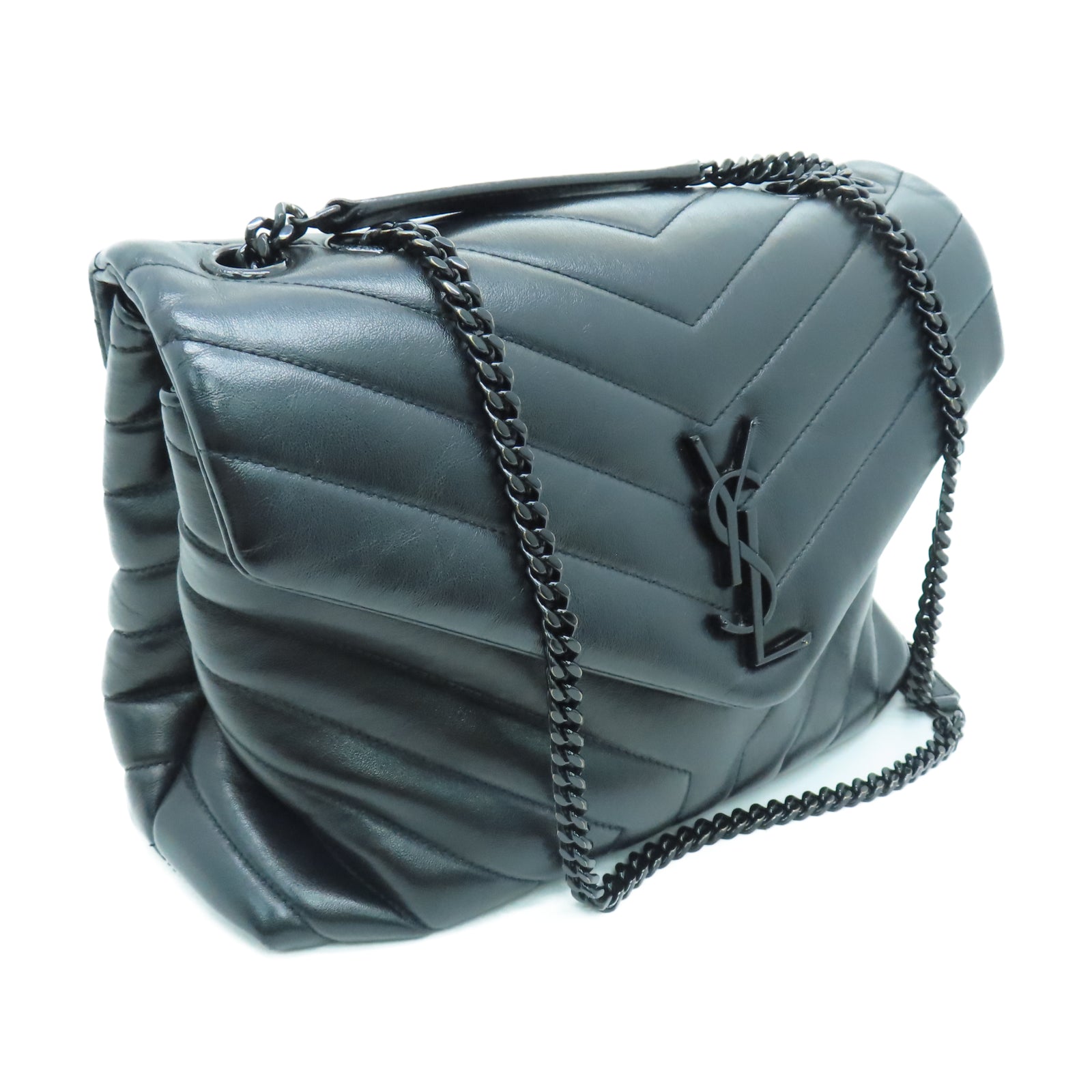SAINT LAURENT 斜紋牛皮皮革Loulou銀扣肩背袋黑色