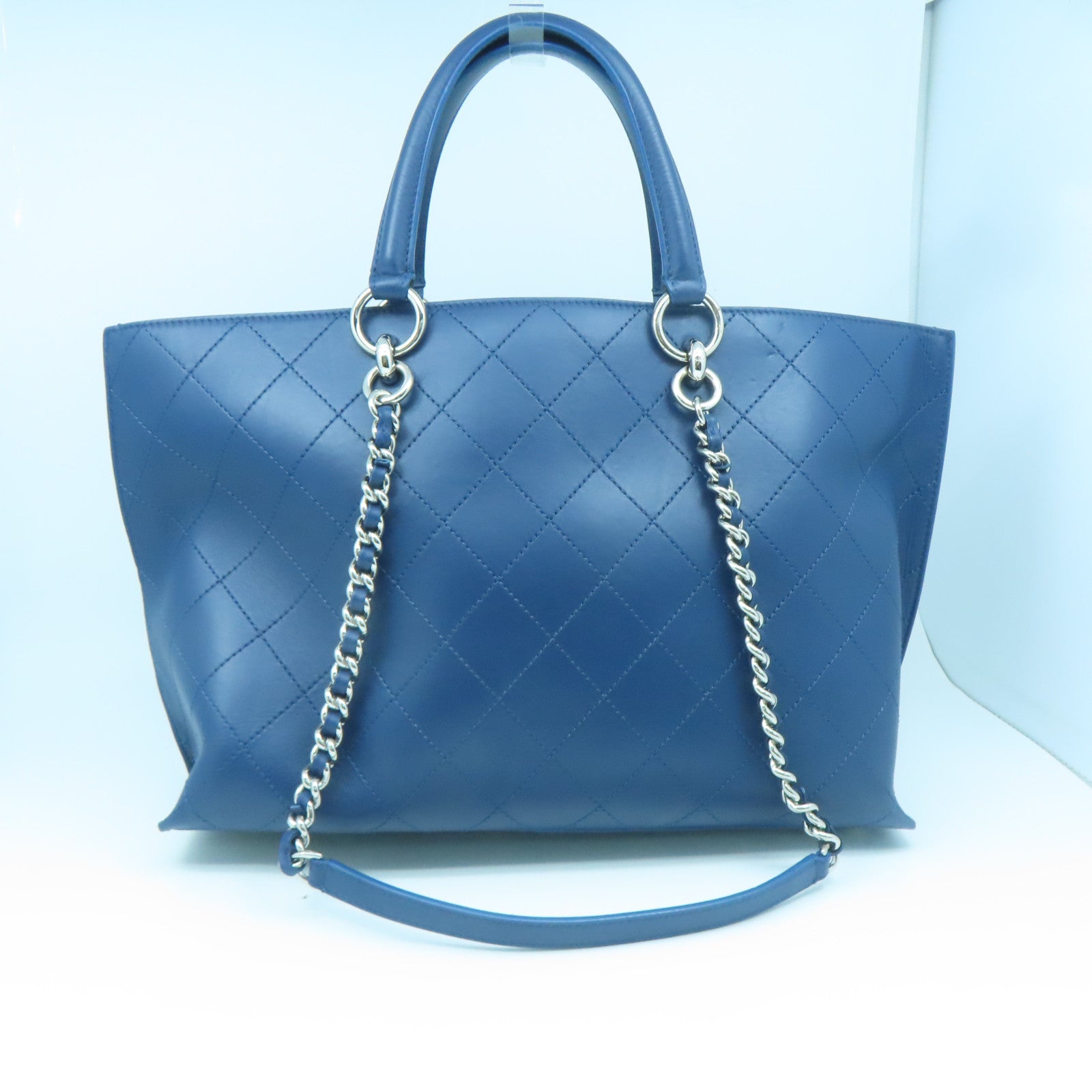 CHANEL 菱格牛皮皮革Totebag銀扣鏈帶手挽肩背兩用袋藍色
