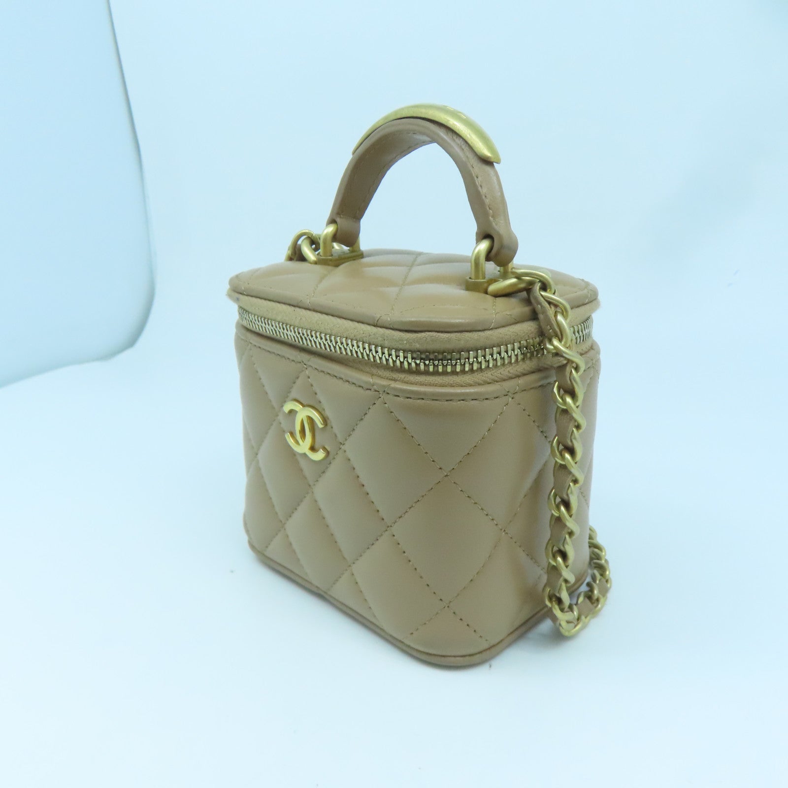 CHANEL 【激減優惠】羊皮皮革Chain Shoulder金扣鏈帶肩背袋米色