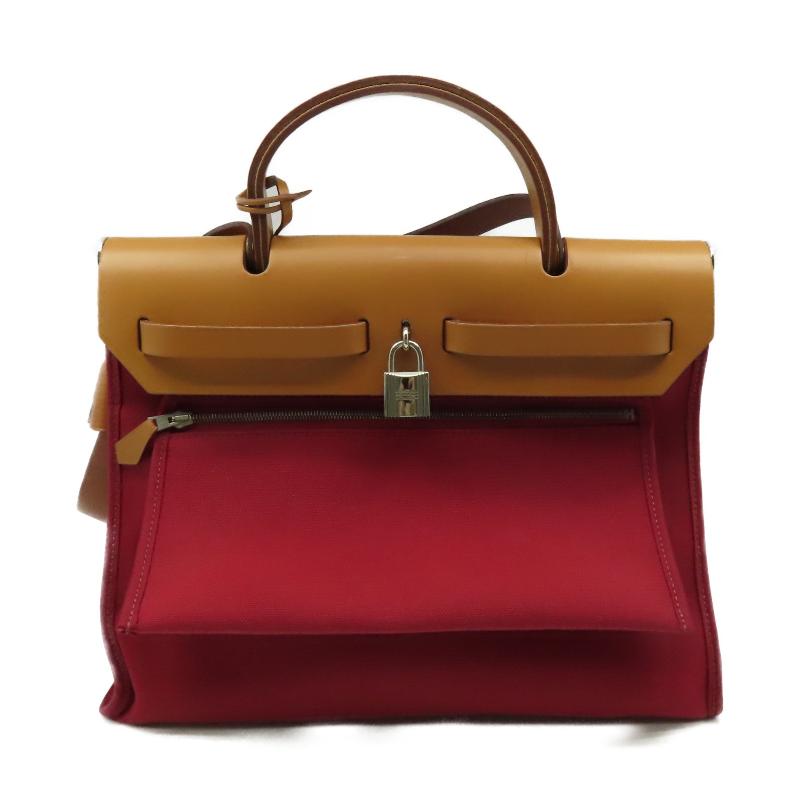 HERMES 帆布Herbag PM 2Way Shoulder Bag銀扣手挽肩背兩用袋酒紅色